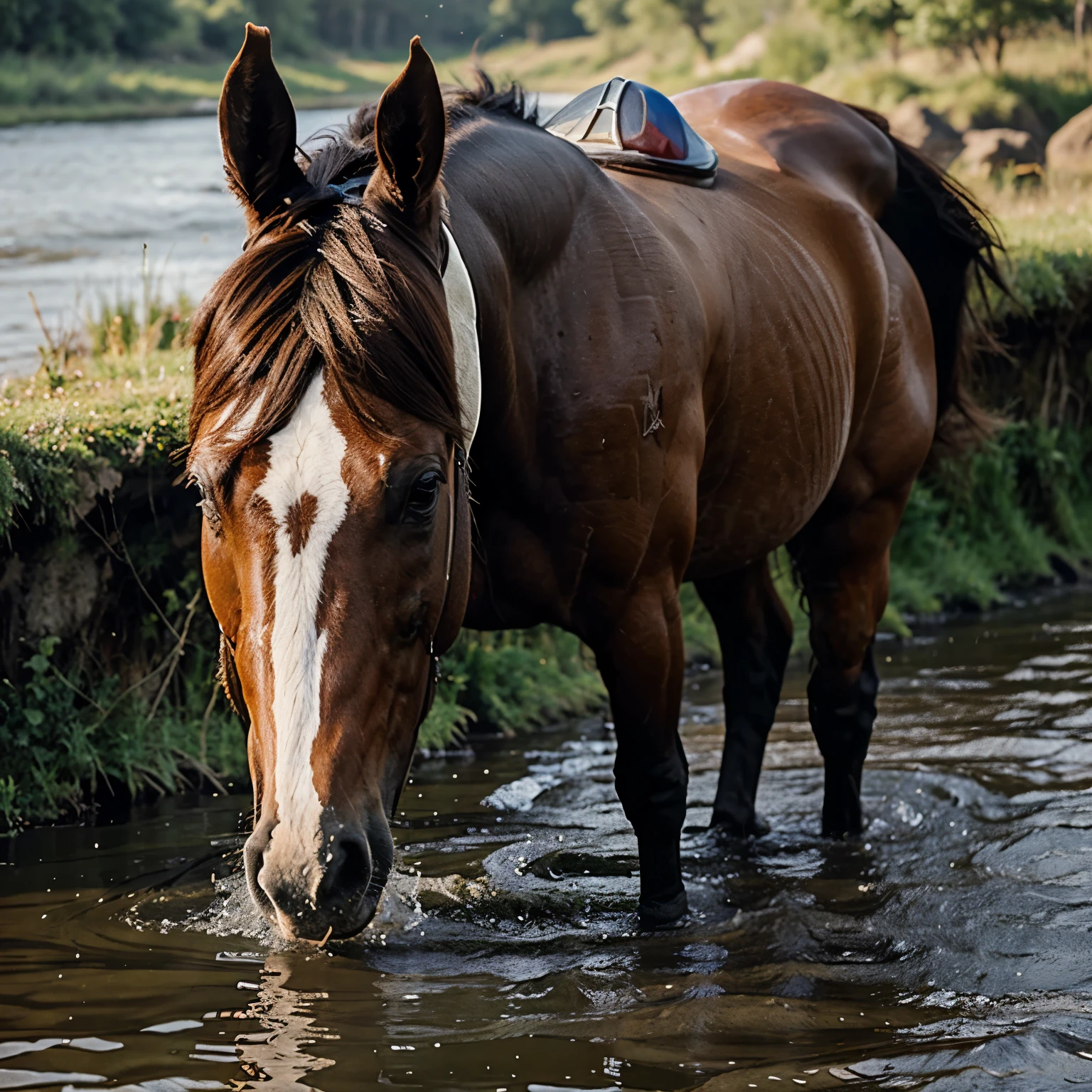 Horse drinking water in river