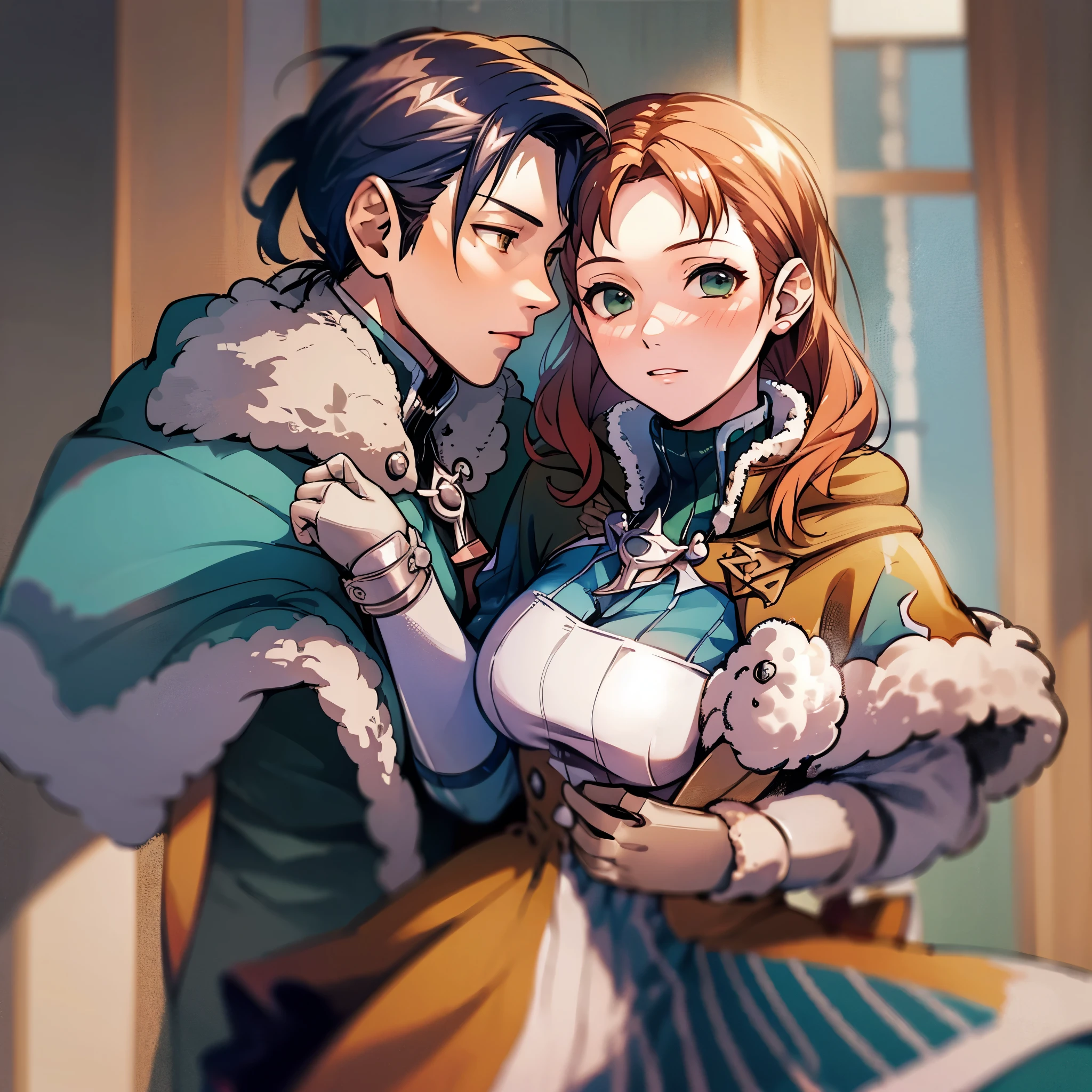 masterpiece, best quality, warFelix, fur trim, capelet, teal jacket, brown gloves, armor, belt, teal pants, blushing, annette_war, 1girl, long hair, gloves, long sleeves, dress, jewelry, green eyes, earrings, white gloves, white dress, fur trim, capelet, Childhood sweethearts, boyfriend and girlfriend, sweet and intimate, affectionate, the expressions of both Felix and Annette are happy and satisfied, full of love visual presentation, through the warm light and shadow of the sun, the romantic melodious melody echoes in every corner.