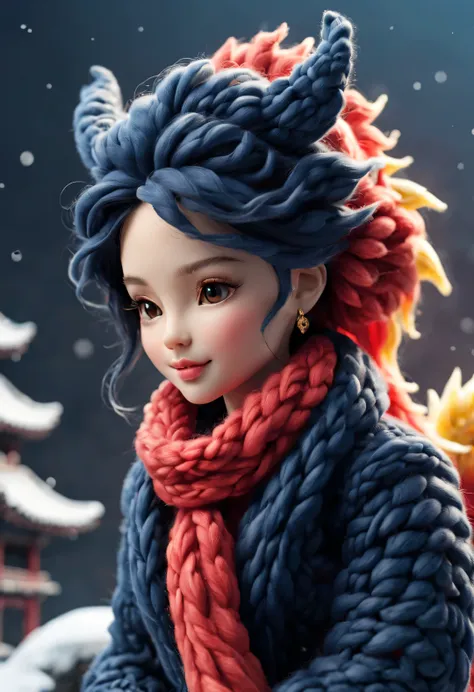 （plush toy design），smiling cute chinese dragon baby and barbie doll，（wool craft），（fluffy：0.68） ，winter high-end gorgeous fashion...