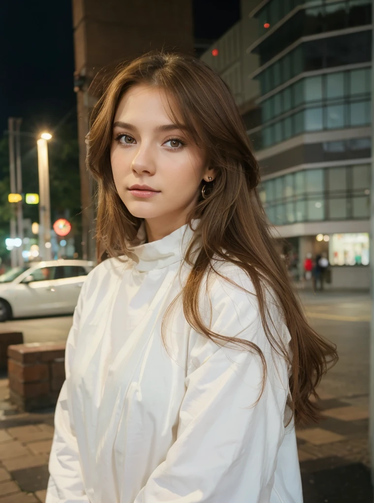 a girl of Slavic appearance with light brown hair, about 24 years old, wearing makeup, clothes red top