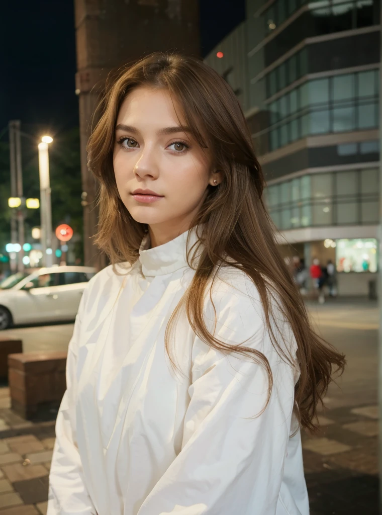 a girl of Slavic appearance with light brown hair, about 24 years old, wearing makeup, clothes red top