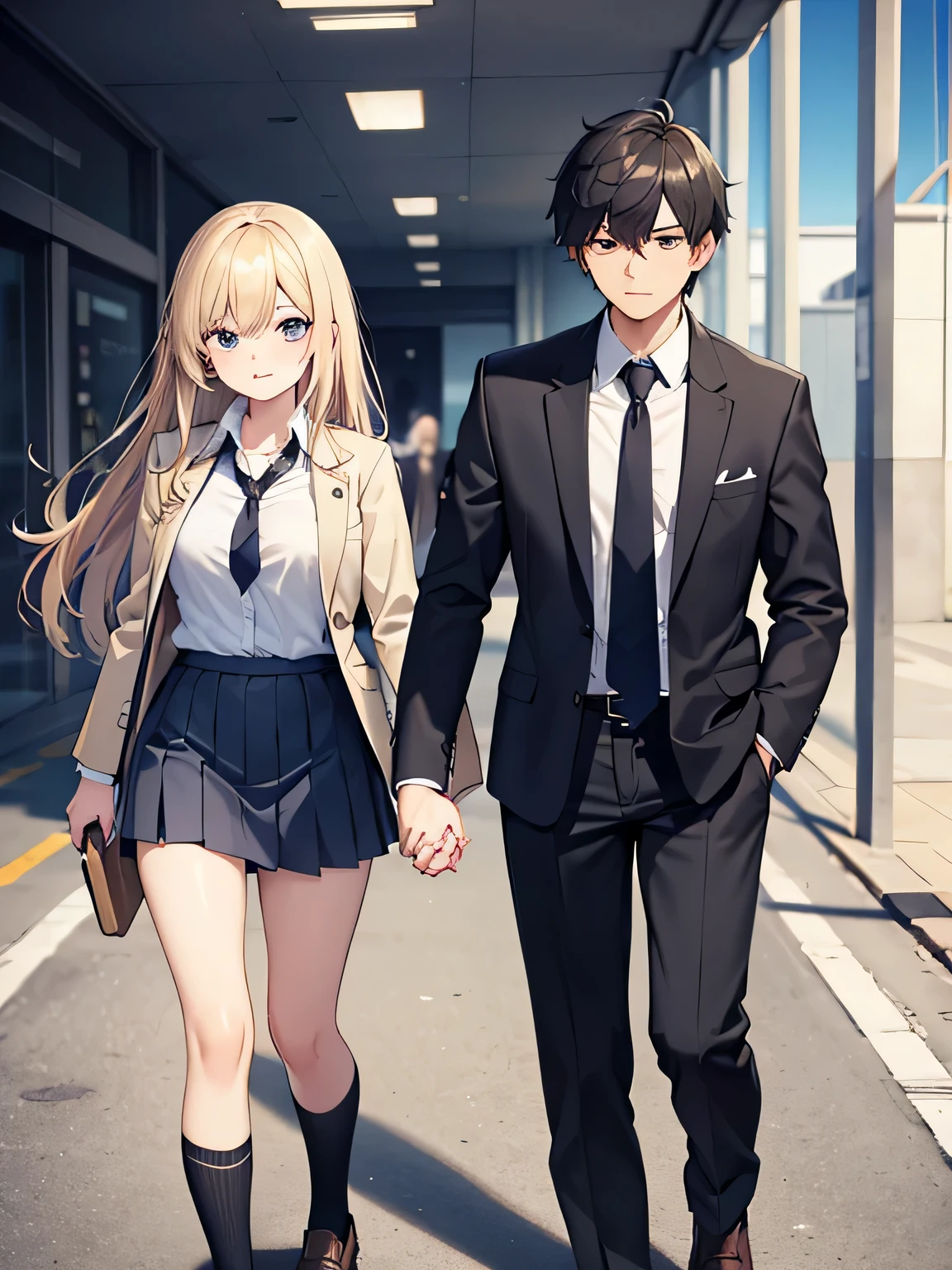 1,man and woman walking hand in hand.
2,The woman is a delinquent high school student with long blonde hair., Mini skirt, I unbuttoned my blazer, The second button of the shirt is undone, And loose socks on my feet.
3, The man is a teacher, Wearing a suit and tie, black hair and hairy head.
4,The location is on the way to school.