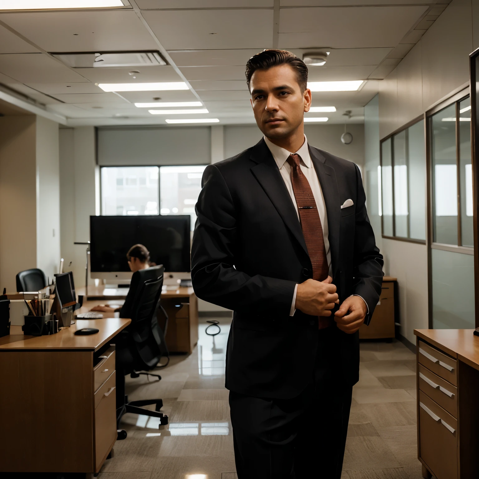 A business man in forties standing an illuminated office and loking forward
