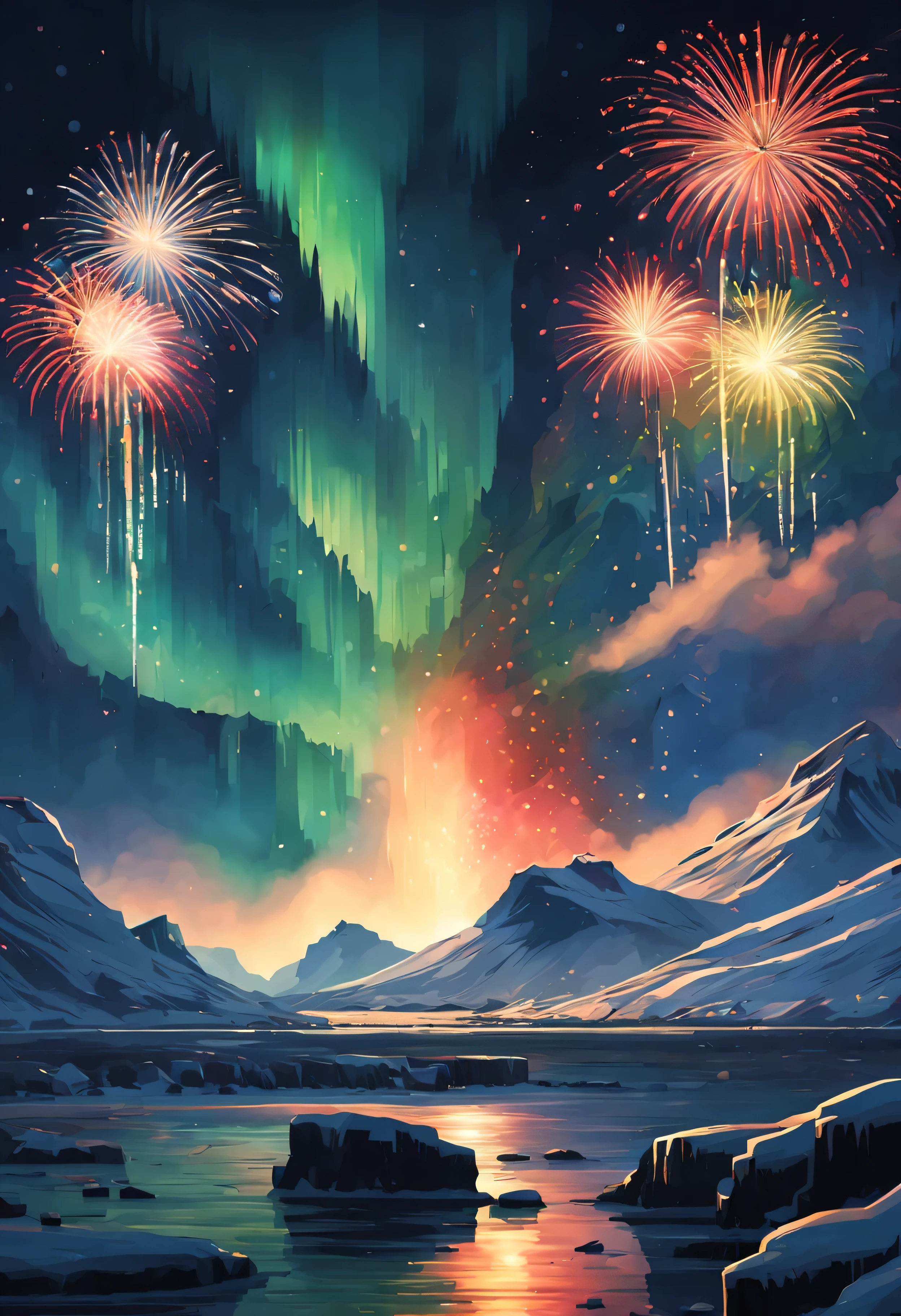 Spectacular fireworks display. The fireworks are huge,(Giant fireworks 1 with dazzling dazzling eyes.5)(Warm atmosphere1.3)(The night is full of stars1.2)cinematic Film still from,Super realistic,Movie promotional poster,Super light and shadow,Super textured,(Ultra-wide angle to watch fireworks bloom1.5)Extreme light chasing(Colorful fireworks on the background of the Northern Lights in Iceland 1.5)(Fireworks are particularly dense1.3)