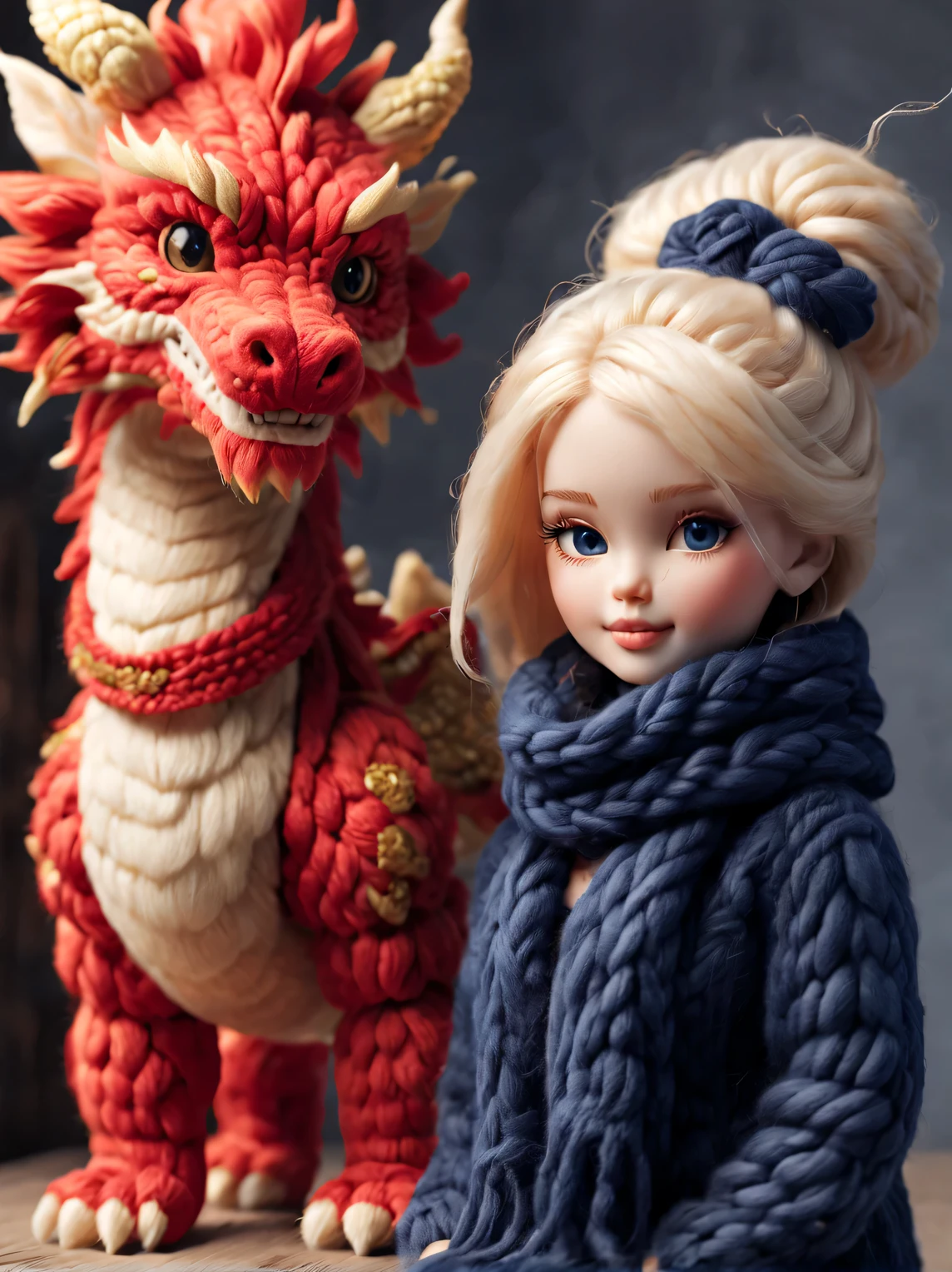 （Plush toy design），Smiling cute Chinese dragon baby and barbie doll，（wool craft），（Fluffy：0.68） ，Winter high-end gorgeous fashion Chinese style sweater scarf， Cute 3d rendering，Background with：Dark navy and fiery red，Yuki，golden colored，Cute and detailed digital art，Miniature feeling，stylized 3d render，3d rendered figure art 8k，lovely digital painting，Anime style 3D，Ultra-detailed rendering