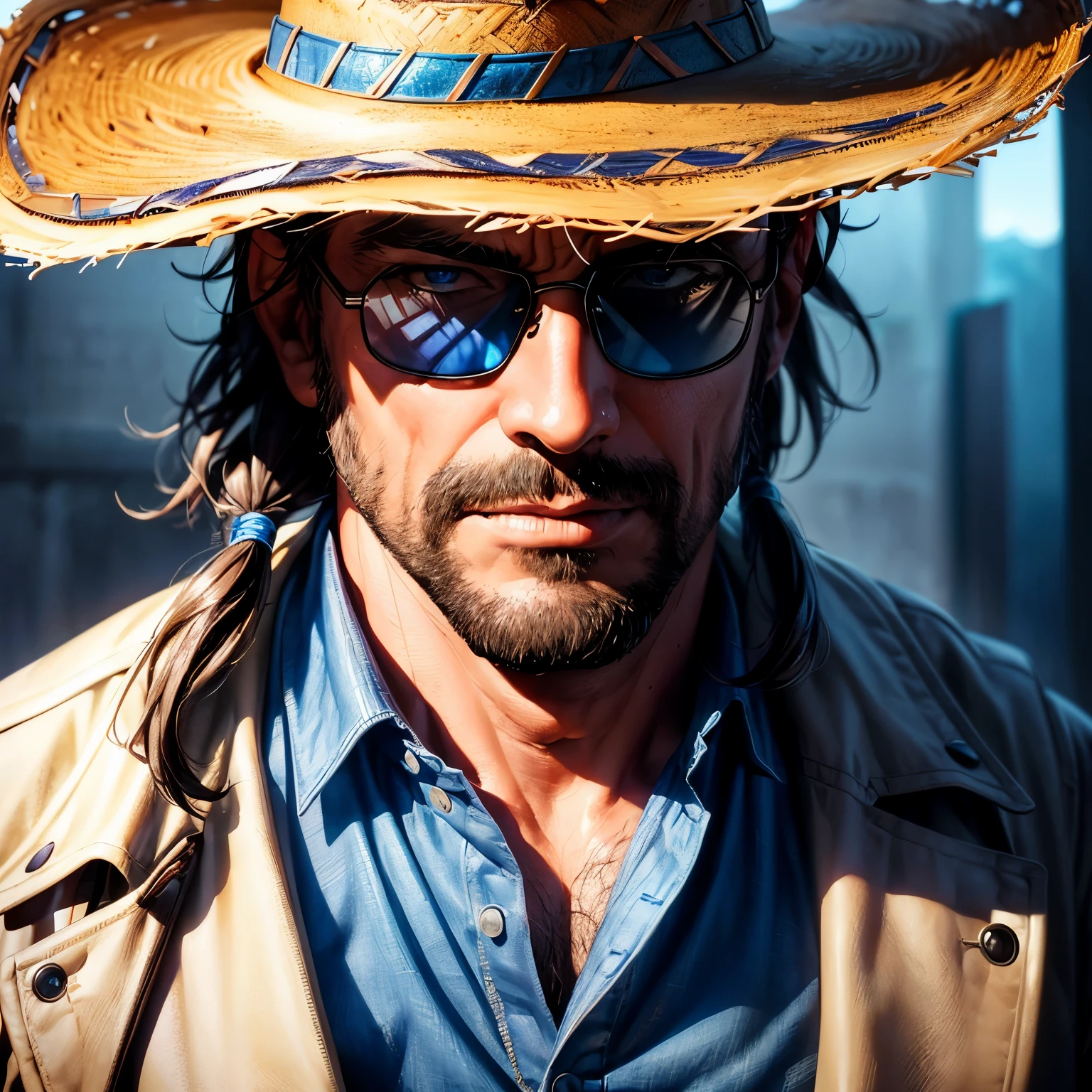 (a handsome, rugged American hero, wearing a cowboy hat and sunglasses, close-up, best quality, ultra-detailed, photorealistic), portrait, intense blue tones, dramatic lighting