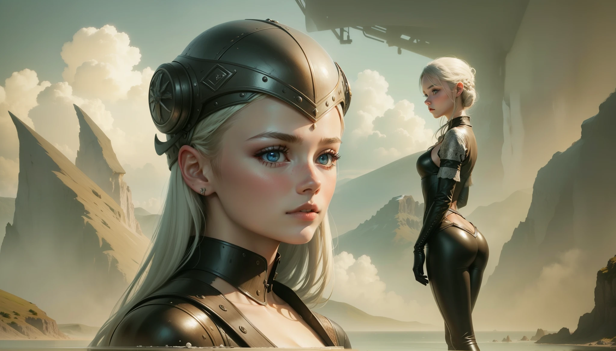 a painting of a woman standing next to a body of water, an ultrafine detailed painting by Don Maitz, cgsociety, retrofuturism, reimagined by industrial light and magic, cosmic horror, lovecraftian