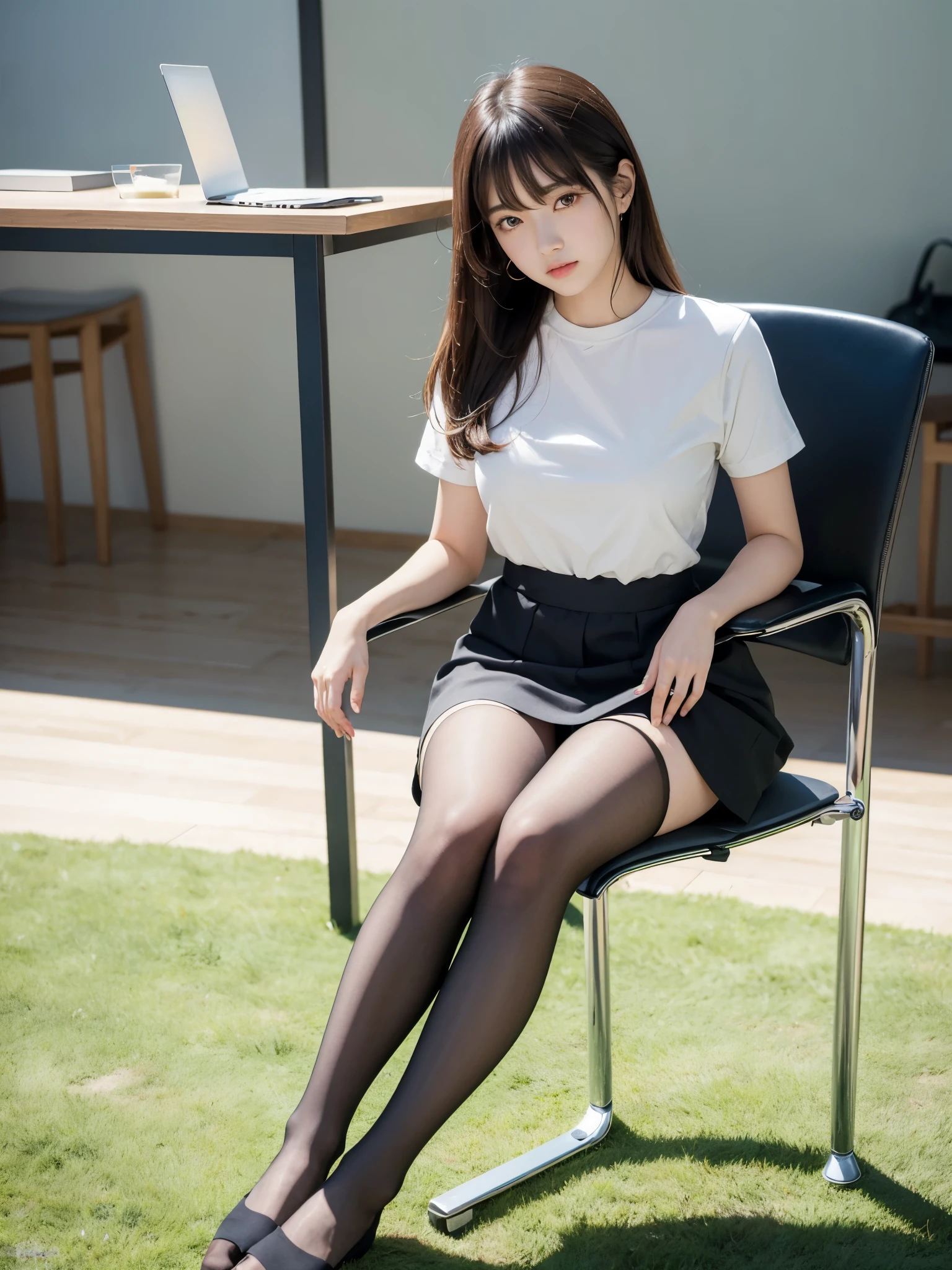 ulzzang -6500-v1.1, (Raw photo:1.2), (Photorealsitic), light natural stockings:1.3、woman Sitting on a chair, Sitting on a table, , sitting pose, sakimichan hdri, sit a chair, Sitting on a chair, Sitting on the ground, Sitting on a desk,  Aoi Ogata