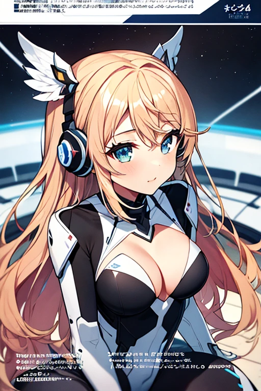 独奏、Braiding、1 girl in、depth of fields、Long Blonde Hair、Inside the space station、Make eye contact、sitting on、masterpiece、top-quality、(top-quality)、((masterpiece))、(hight resolution)、Original、Very detailed 8k wallpaper、(extremely delicate and beautiful)、((A detailed face))、(white futuristic bodysuit space suit):1.3,beautiful finely detailed eyes、Hair that flutters in the wind、dishevled hair、lensflare、1 girl in、full body Esbian、(blue eyess)、(head phone)、(A pink-haired):1.2、(Cute :1.1)、Beautiful fine eyes、Very long hair、tiny chest、(looking at the viewers)、(magazine:1.3)、(coversスタイル:1.3)、Fashionable、femele、with a vibrant、outfits、the pose、the front、Colorful、Dynamic、Background with、element、I'm confident、expresive、ngel、statement、accessorized、An majestic、coiled、surroundings、Touch、The scene、Texto、covers、It's bold、captures the attention、Titles、Stylish、Font、Catchy、headline、The large、Impressive、moderno、Trendy、Focus、lo fashion