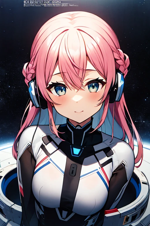 独奏、Braiding、1 girl in、depth of fields、Long Blonde Hair、Inside the space station、Make eye contact、sitting on、masterpiece、top-quality、(top-quality)、((masterpiece))、(hight resolution)、Original、Very detailed 8k wallpaper、(extremely delicate and beautiful)、((A detailed face))、(white futuristic bodysuit space suit):1.3,beautiful finely detailed eyes、Hair that flutters in the wind、dishevled hair、lensflare、1 girl in、full body Esbian、(blue eyess)、(head phone)、(A pink-haired):1.2、(Cute little girl:1.1)、Beautiful fine eyes、Very long hair、tiny chest、(looking at the viewers)、(magazine:1.3)、(coversスタイル:1.3)、Fashionable、femele、with a vibrant、outfits、the pose、the front、Colorful、Dynamic、Background with、element、I'm confident、expresive、ngel、statement、accessorized、An majestic、coiled、surroundings、Touch、The scene、Texto、covers、It's bold、captures the attention、Titles、Stylish、Font、Catchy、headline、The large、Impressive、moderno、Trendy、Focus、lo fashion