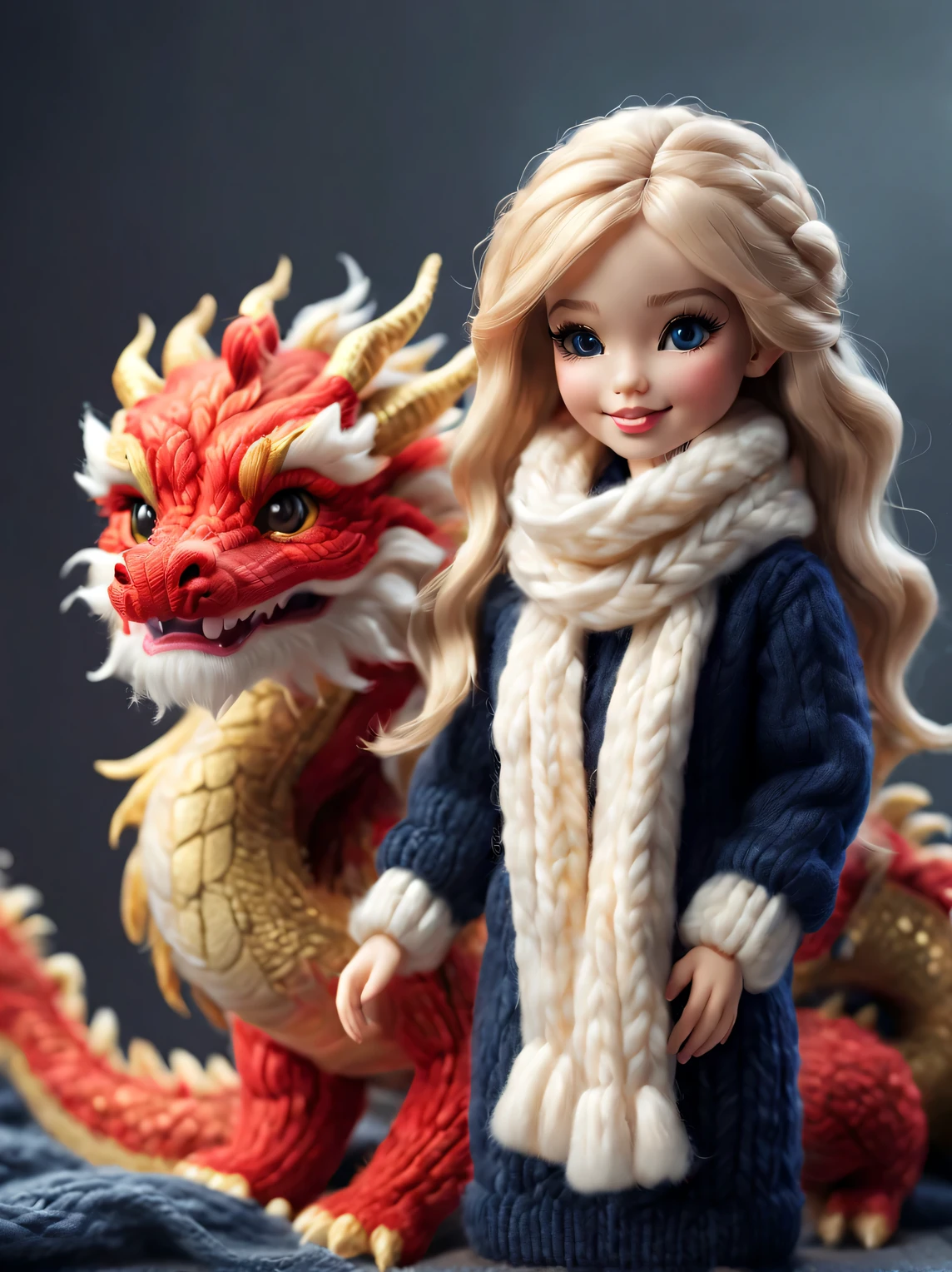 (Plush toy design),Smiling cute Chinese dragon baby and barbie doll,(wool craft),Gorgeous and fashionable Chinese style sweater scarf in winter,(shaggy:0.68) ,
Cute 3d rendering,Background with:Dark navy and fiery red,golden colored,Cute and detailed digital art,Miniature feeling,stylized 3d render,3d rendered figure art 8k,lovely digital painting,Anime style 3D,Ultra-detailed rendering