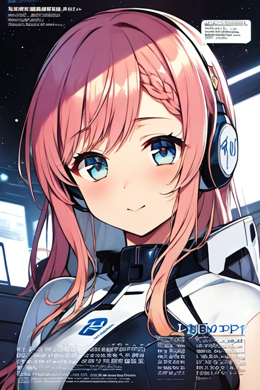 独奏、Braiding、1 girl in、depth of fields、Long Blonde Hair、Inside the space station、Make eye contact、sitting on、masterpiece、top-quality、(top-quality)、((masterpiece))、(hight resolution)、Original、Very detailed 8k wallpaper、(extremely delicate and beautiful)、((A detailed face))、(white futuristic bodysuit space suit):1.3,beautiful finely detailed eyes、Hair that flutters in the wind、dishevled hair、lensflare、1 girl in、full body Esbian、(blue eyess)、(head phone)、(A pink-haired):1.2、(Cute little girl:1.1)、Beautiful fine eyes、Very long hair、tiny chest、(looking at the viewers)、(magazine:1.3)、(coversスタイル:1.3)、Fashionable、femele、with a vibrant、outfits、the pose、the front、Colorful、Dynamic、Background with、element、I'm confident、expresive、ngel、statement、accessorized、An majestic、coiled、surroundings、Touch、The scene、Texto、covers、It's bold、captures the attention、Titles、Stylish、Font、Catchy、headline、The large、Impressive、moderno、Trendy、Focus、lo fashion