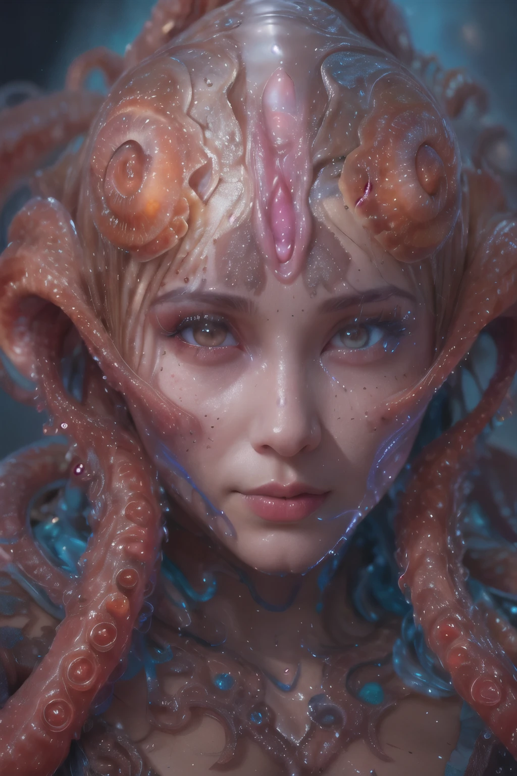 Portrait, (beautiful female alien:1.2), (she has red eyes with no pupils:1.8), (Translucent skin:1.7), (There is a female genital-like organ in the middle of the forehead:1.9), (The most beautiful face in the history of the universe:1.2),an evil gaze that seduces, (large mouth:1.1), (sharp teeth like a vampire:1.2), Full body like, (bio luminescent:1.5), (Smile wickedly:1.3), (sexypose:1.5), alien, No humans, cells are fused, (Lots of translucent tentacles:1.3) extraterrestrial, cell, bio image, Best Quality, 8K,4K_quality, High Definition, Dramatic Lighting, masutepiece:1.5,cinematic quality, detail up, (Intricate details:1.2), High resolution, High Definition, drawing faithfully, (Thick eyebrows:1.2), Beautiful eyes with fine symmetry,(Highly detailed face and eyes:1.2), Intimate face, (Super detailed skin quality feeling:1.4), Perfect Anatomy, (Beautiful toned body:1.5), (Moist skin:1.2), No makeup, (dark circles:1.1), long canines, cinematic drawing of characters, ultra high quality model, cinematic quality, detail up, (Intricate details:1.2), High resolution, High Definition, drawing faithfully, Official art, Unity 8K wall , 8K Portrait, Best Quality, Very High resolution, ultra detailed artistic photography, midnight aura, unreal enginee 5, Ultra Sharp Focus, art by alberto seveso, ArtGerm, Roisch, intricate artwork, best quality, masutepiece, ultra High resolution, (photos realistic:1.4), Ultra-realistic realism, dream-like, nautilus, Creation of fantasy, Snail, Dream Snail, biopunk nautilus, Thrilling color schemes, Ultra-realistic realism, seductively smiling, Blue tentacles,