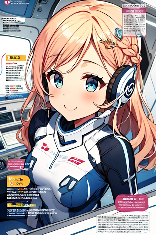 独奏、Braiding、1 girl in、depth of fields、Long Blonde Hair、Inside the space station、Make eye contact、sitting on、​masterpiece、top-quality、(top-quality)、((​masterpiece))、(hight resolution)、Original、Very detailed 8k wallpaper、(extremely delicate and beautiful)、((A detailed face))、(white futuristic bodysuit space suit):1.3,beautiful finely detailed eyes、Hair that flutters in the wind、dishevled hair、lensflare、1 girl in、full body Esbian、(blue eyess)、(head phone)、(A pink-haired):1.2、(Cute :1.1)、Beautiful fine eyes、Very long hair、tiny chest、(looking at the viewers)、(magazine:1.3)、(coversスタイル:1.3)、Fashionable、femele、with a vibrant、outfits、the pose、the front、Colorful、Dynamic、Background with、element、I'm confident、expresive、ngel、statement、accessorized、An majestic、coiled、surroundings、Touch、The scene、Texto、covers、It's bold、captures the attention、Titles、Stylish、Font、Catchy、headline、The large、Impressive、moderno、Trendy、Focus、lo fashion