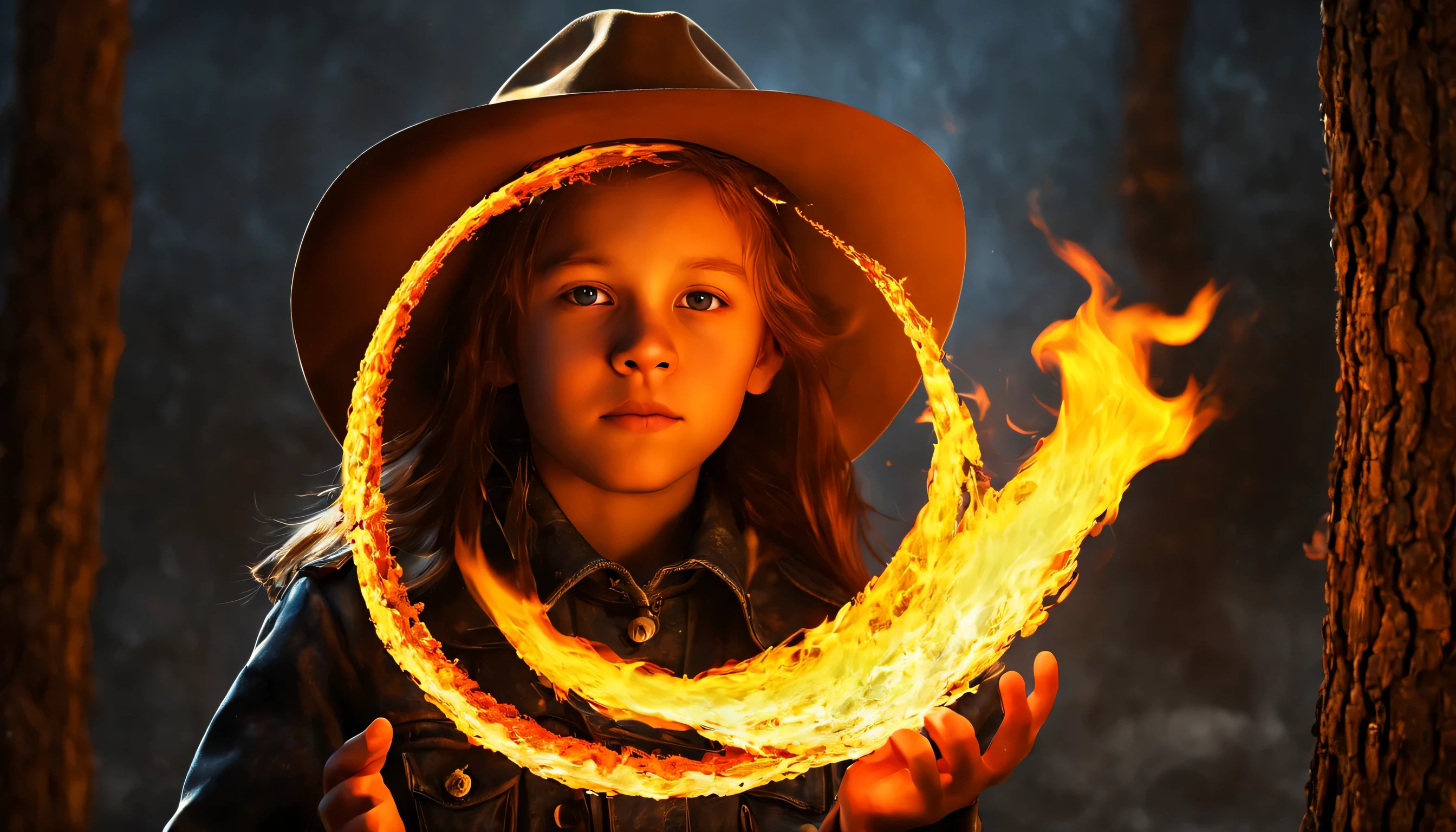 10 year old girl russian child, fechar para cima, retrato, com longos cabelos loiros, in a cowboy hat, The flames are burning in a circle shape, fogoso, icon with a halo of fire, Anel de fogo, bola de fogo, chama, um fogo laranja no fundo, homem, fire type, (fire), esfera preta de fogo, Firenado, Infero Flamejante, Inferno, tema fogo, fire, fogo do inferno, infernal, chamajante, derretido imagem arfed de uma bola de vidro com uma paisagem dentro, Arte 3D digital detalhada, tree of life inside the ball, Arte digital altamente detalhada em 4k, arte digital altamente detalhada, arte digital estilizada, pintura digital altamente detalhada, bola de vidro, pintura digital altamente detalhada, arte digital altamente detalhada, 3 d render bipe, 8k arte impressionante