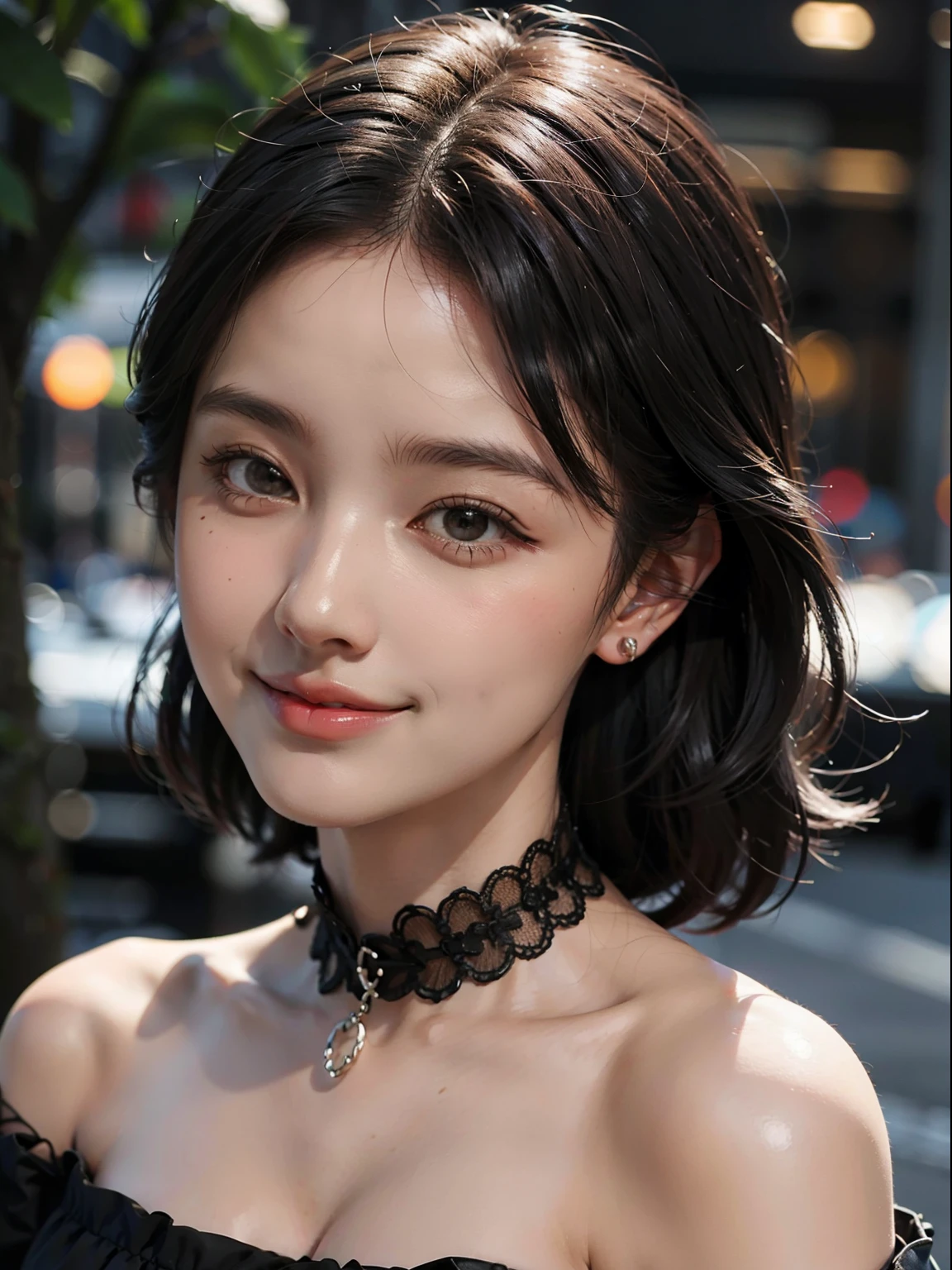 ((Extra Upper Shot))、(looking at view)、(Frontal shot)、1girl in、in her 20s、(A dark-haired)、((Bery short hair))、(bangss)、(The best smile)、(Photoreal Stick:1.2)、in 8K、high-level image quality、(High quality shadows)、Detail Beautiful delicate face、Detail Beautiful delicate eyes、pureerosface_v1、gloweyes、(Red lipstick close to orange)、perfectbody、Perfect Style、(a choker)、(Brown eyes)、 strong lights、Shiny hair、Description beautiful delicate hair、(Lustrous skin)、(Black Dress)、 (early evening)、Stroll through the forest of autumn leaves、Falling leaves、Background blur、Big movie lighting、Sunlight、