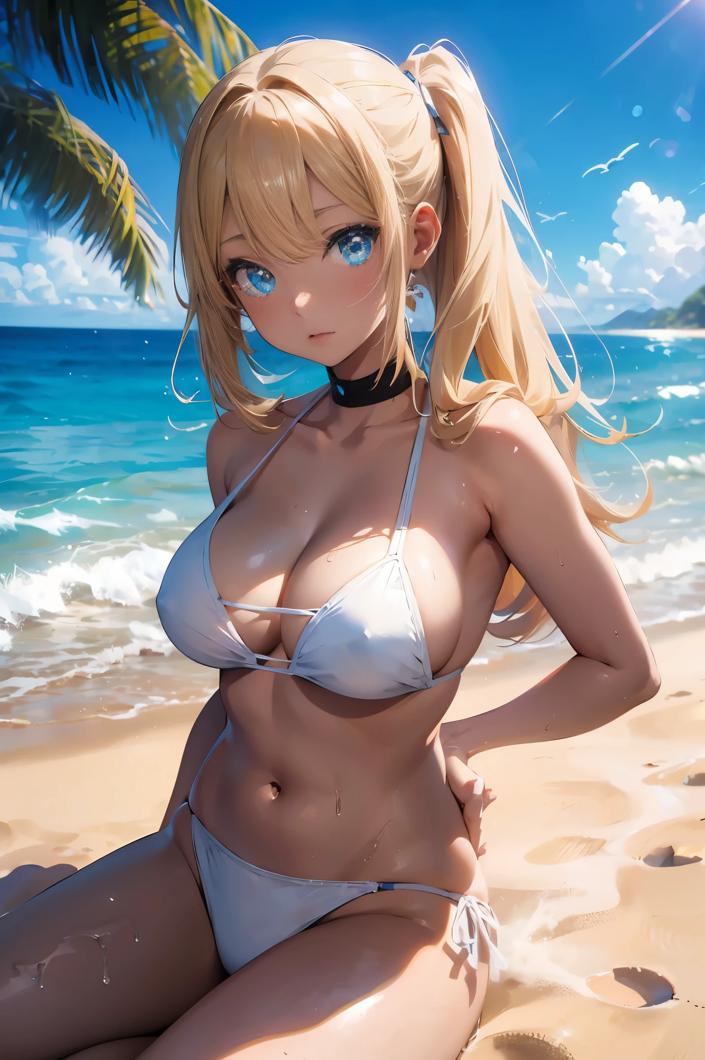 anime character, girl, 18 years old, gyaru, black skin, blonde hair, blue eyes, white bikini, on beach, 4k