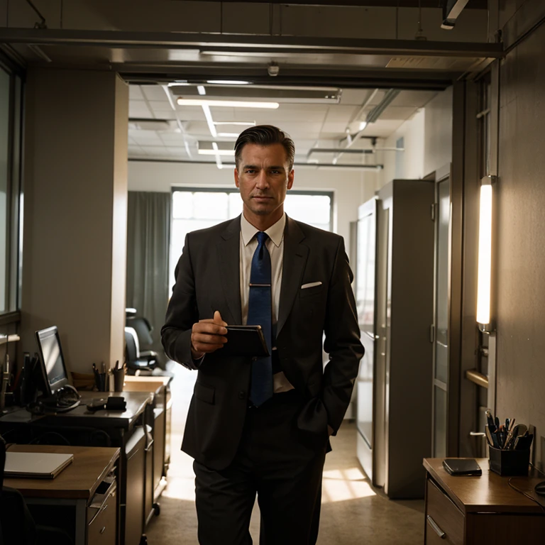 A business man in forties standing an illuminated office and loking forward to the camera