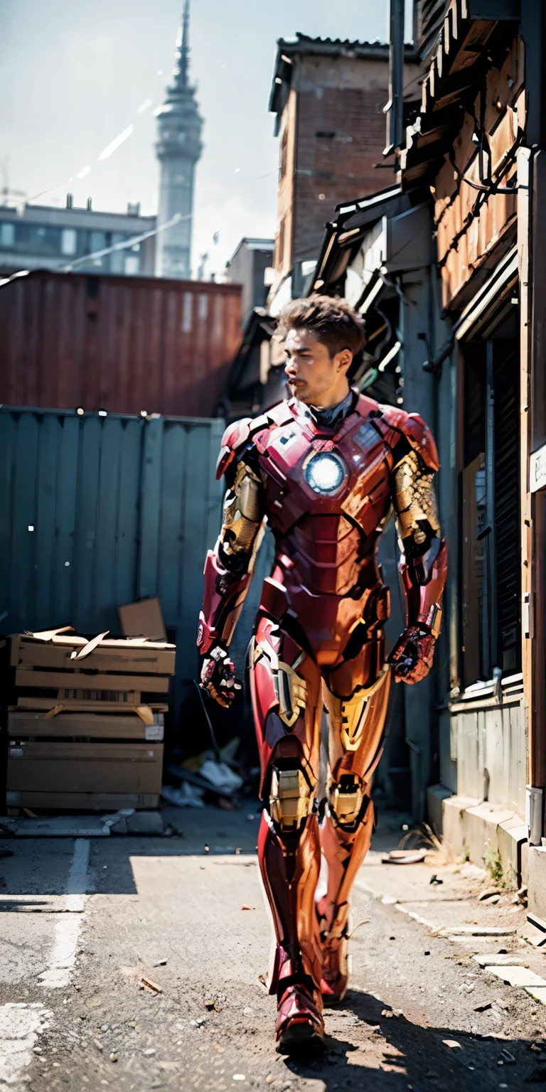(1boy: 1.3), solo, __body-parts__, official art, unity 8k wallpaper, ultra detailed, aesthetic, handsome, masterpiece, best quality, RAW, masterpiece, super thin photo, best quality, super high resolution, photorealistic, sunlight, full body portrait, incredibly beautiful,, dynamic pose, delicate face, vibrant eyes, (side view), he is wearing a futuristic Iron Man mech, red and gold, Highly detailed abandoned warehouse background, detailed face, complex background detailed busy, messy, gorgeous, milky, highly detailed skin, realistic skin details, visible pores, sharp focus, volumetric mist, 8k uhd, DSLR camera, high quality, film grain, light skin, photorealism, lomography, expanding metropolis in a futuristic dystopia, view from below, translucent