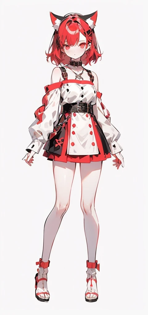 Anime girl with red hair and cat ears wearing a short skirt, Full body portrait of a short!, small curvy , outfit design, !!Full body portrait!!, Full body details, pale snow-white skin, whole body highly detailed, Full body illustration, female outfit, Full body adoptable, Full body!, Full body with costume, highly detailed Full body