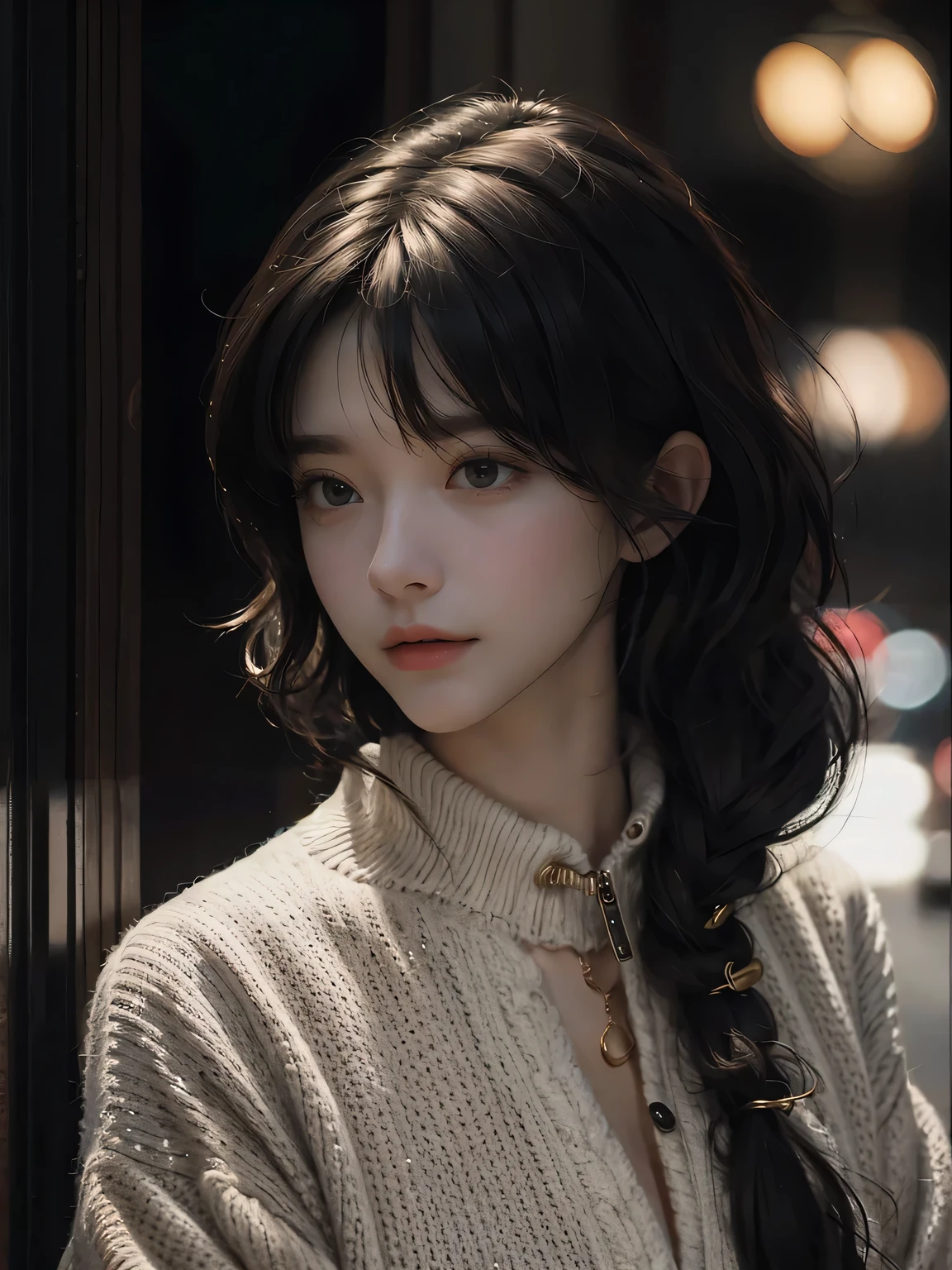 Sweater jacket，(Bigchest:1.2)，long whitr hair