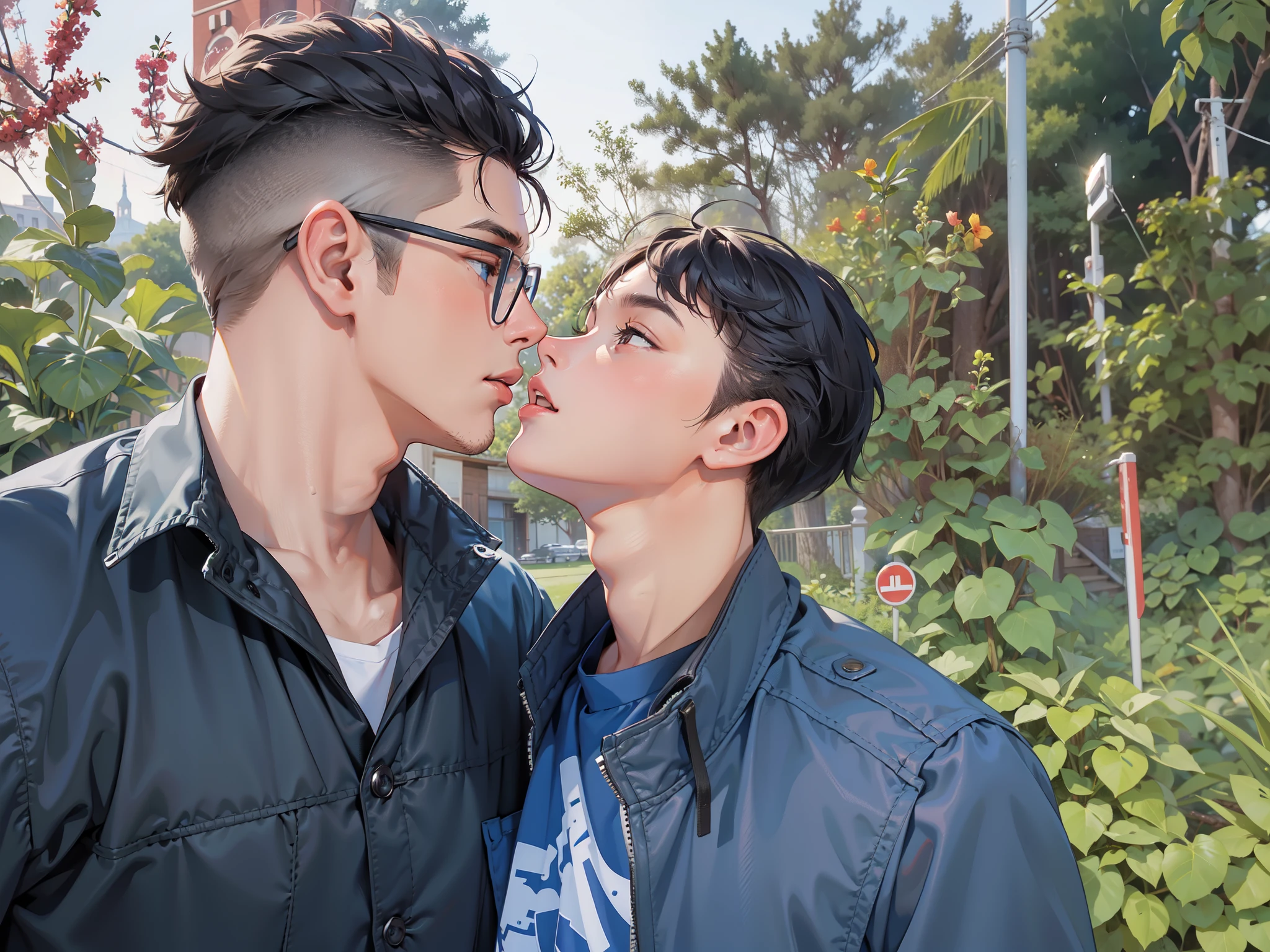 happy face, outdoors, kissing together, two boys, cute boy, handsome boy, cute, handsome