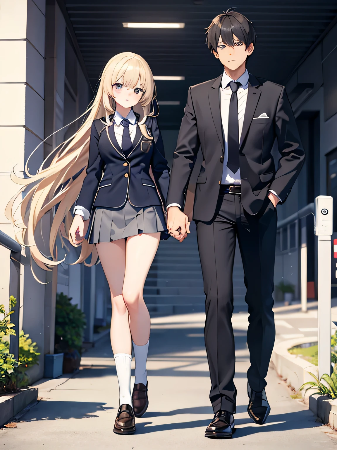 1,man and woman walking hand in hand.
2,The woman is a delinquent high school student with long blonde hair., Mini skirt, I unbuttoned my blazer, The second button of the shirt is undone, And loose socks on my feet.
3, The man is a teacher, Wearing a suit and tie, black hair and hairy head.
4,The location is on the way to school.