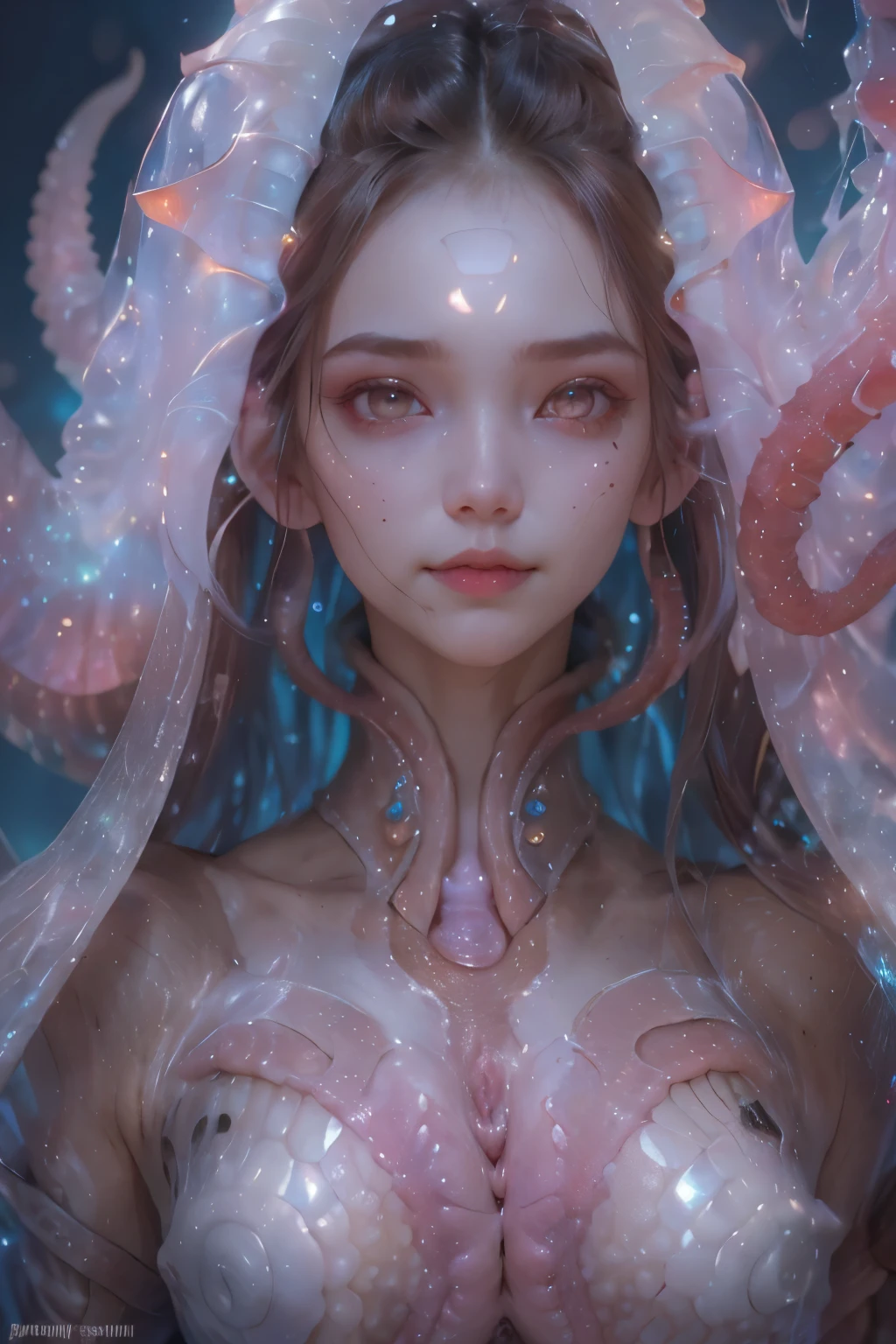 Portrait, (beautiful female alien:1.2),  (she has red eyes with no pupils:1.8), (Translucent skin:1.7),  (There is a female genital-like organ in the middle of the forehead:1.9), (The most beautiful face in the history of the universe:1.2),an evil gaze that seduces, (large mouth:1.1), (sharp teeth like a vampire:1.2), Full body like, (bio luminescent:1.5), (Smile wickedly:1.3),  (sexypose:1.5), alien, No humans, cells are fused, (Lots of translucent tentacles:1.3) extraterrestrial, cell, bio image, Best Quality, 8K,4K_quality, High Definition, Dramatic Lighting, masutepiece:1.5,cinematic quality, detail up, (Intricate details:1.2), High resolution, High Definition, drawing faithfully, (Thick eyebrows:1.2), Beautiful eyes with fine symmetry,(Highly detailed face and eyes:1.2), Intimate face, (Super detailed skin quality feeling:1.4), Perfect Anatomy,  (Beautiful toned body:1.5),  (Moist skin:1.2), No makeup, (dark circles:1.1), long canines, cinematic drawing of characters, ultra high quality model, cinematic quality, detail up, (Intricate details:1.2), High resolution, High Definition, drawing faithfully, Official art, Unity 8K wall  , 8K Portrait, Best Quality, Very High resolution, ultra detailed artistic photography, midnight aura,  unreal enginee 5, Ultra Sharp Focus, art by alberto seveso, ArtGerm, Roisch, intricate artwork, best quality, masutepiece, ultra High resolution, (photos realistic:1.4), Ultra-realistic realism, dream-like,  nautilus, Creation of fantasy, Snail, Dream Snail,  (biopunk nautilus:1.3), Thrilling color schemes， Ultra-realistic realism， seductively smiling, Blue tentacles,