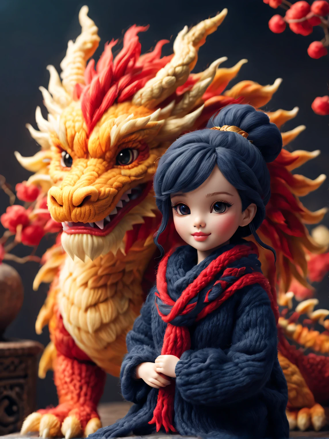 （Plush toy design），Smiling cute Chinese dragon baby and barbie doll，（wool craft），（Fluffy：0.68） ，Winter high-end gorgeous fashion Chinese style sweater scarf， Cute 3d rendering，Background with：Dark navy and fiery red，Yuki，golden colored，Cute and detailed digital art，Miniature feeling，stylized 3d render，3d rendered figure art 8k，lovely digital painting，Anime style 3D，Ultra-detailed rendering