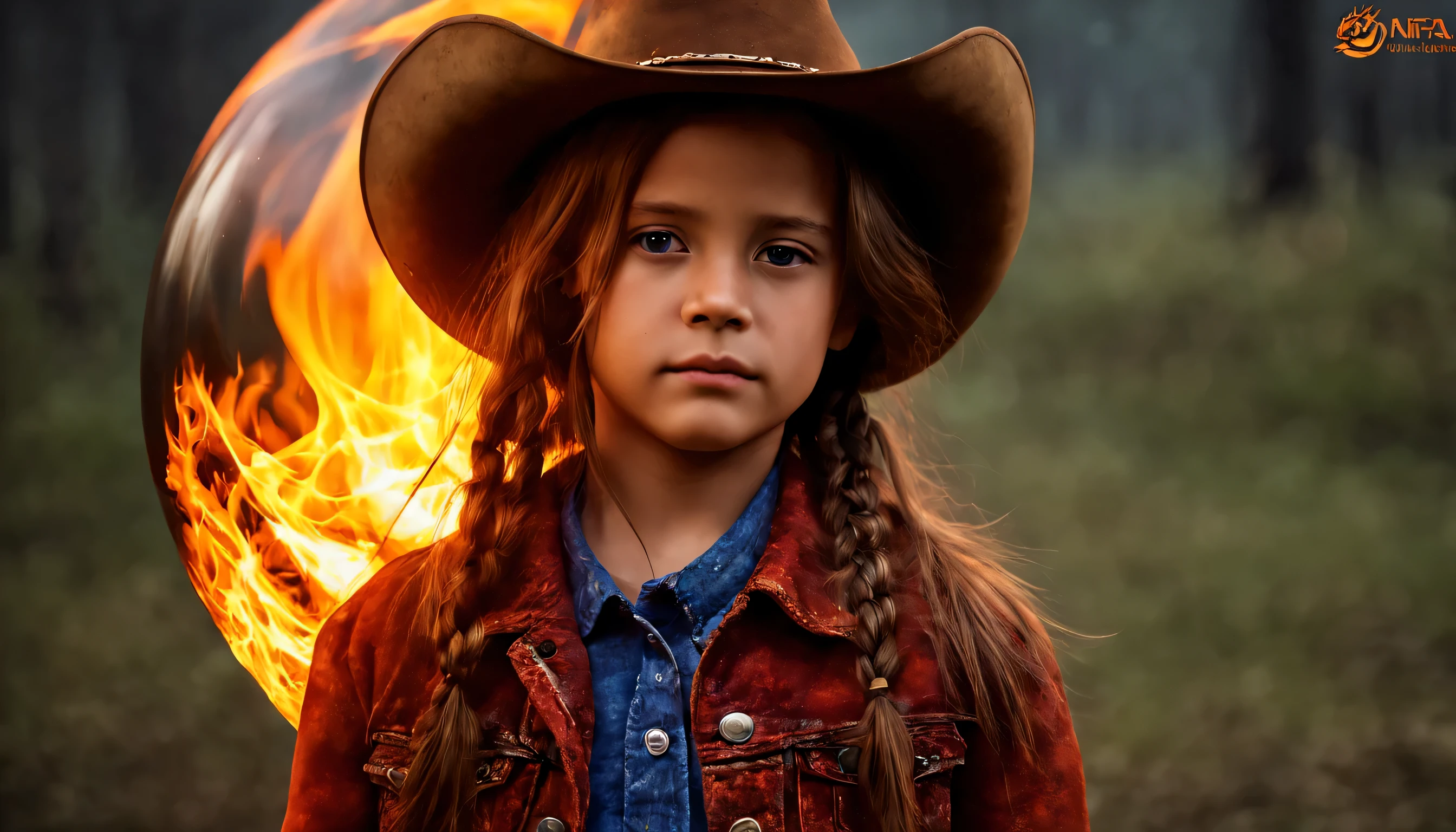 10 year old girl russian child, fechar para cima, retrato, com longos cabelos loiros, in a cowboy hat, The flames are burning in a circle shape, fogoso, icon with a halo of fire, Anel de fogo, bola de fogo, chama, um fogo laranja no fundo, homem, fire type, (fire), esfera preta de fogo, Firenado, Infero Flamejante, Inferno, tema fogo, fire, fogo do inferno, infernal, chamajante, derretido imagem arfed de uma bola de vidro com uma paisagem dentro, Arte 3D digital detalhada, tree of life inside the ball, Arte digital altamente detalhada em 4k, arte digital altamente detalhada, arte digital estilizada, pintura digital altamente detalhada, bola de vidro, pintura digital altamente detalhada, arte digital altamente detalhada, 3 d render bipe, 8k arte impressionante