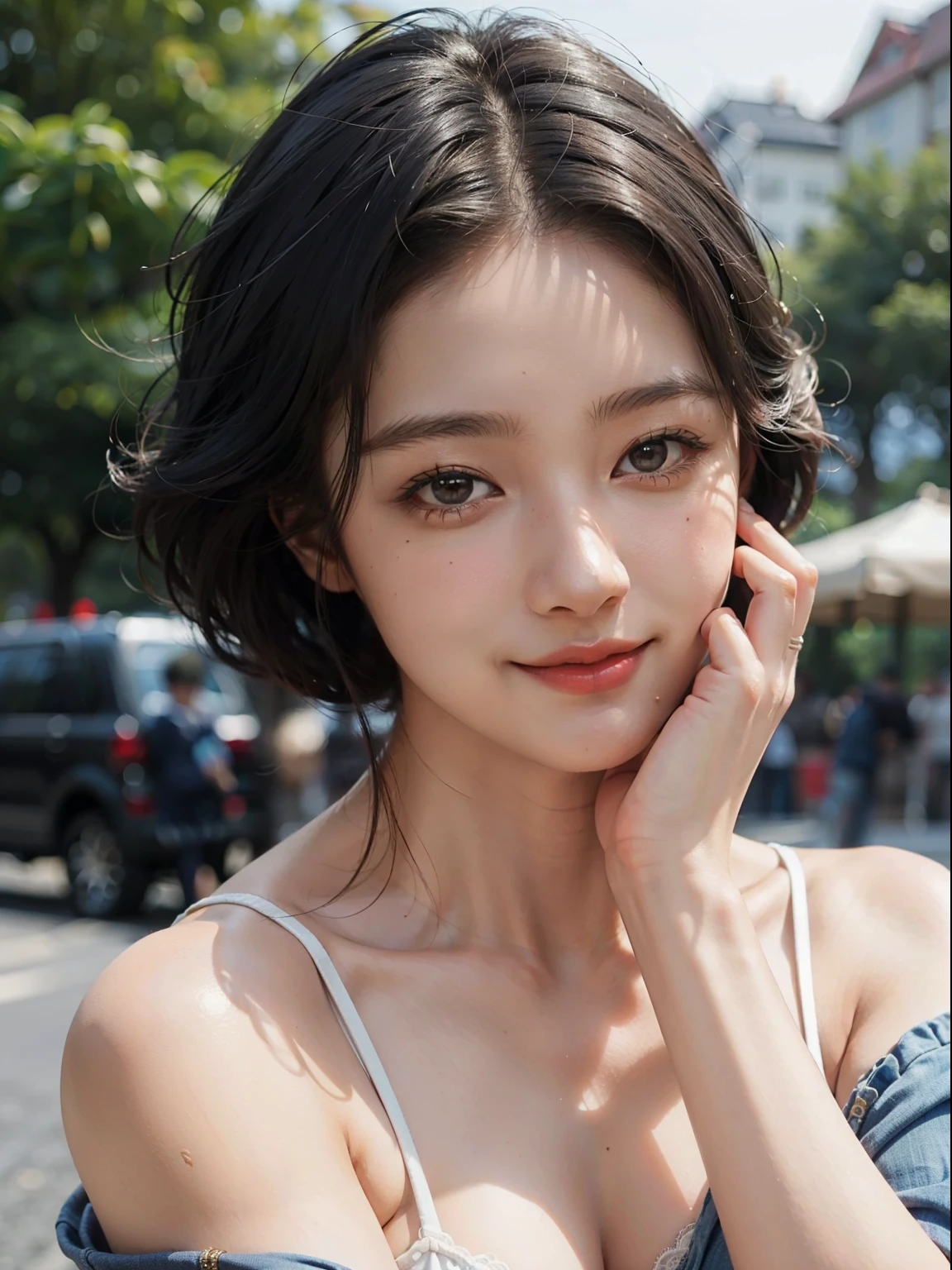 1girl, offshoulder, light smile, shiny skin
best quality, masterpiece, (photorealistic:1.4)