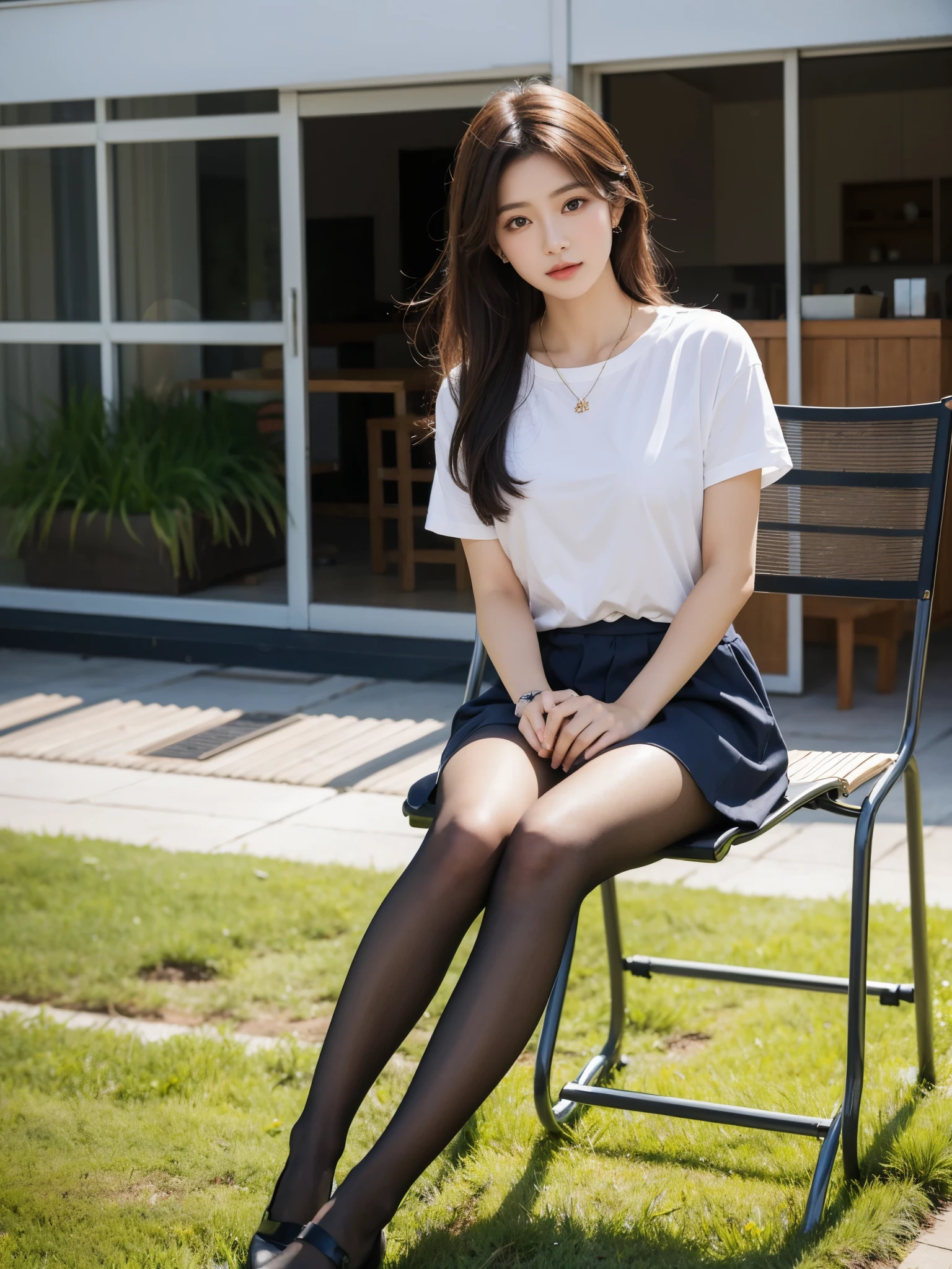 ulzzang -6500-v1.1, (Raw photo:1.2), (Photorealsitic), light natural pantyhose:1.3、woman Sitting on a chair, Sitting on a table, , sitting pose, sakimichan hdri, sit a chair, Sitting on a chair, Sitting on the ground, Sitting on a desk,