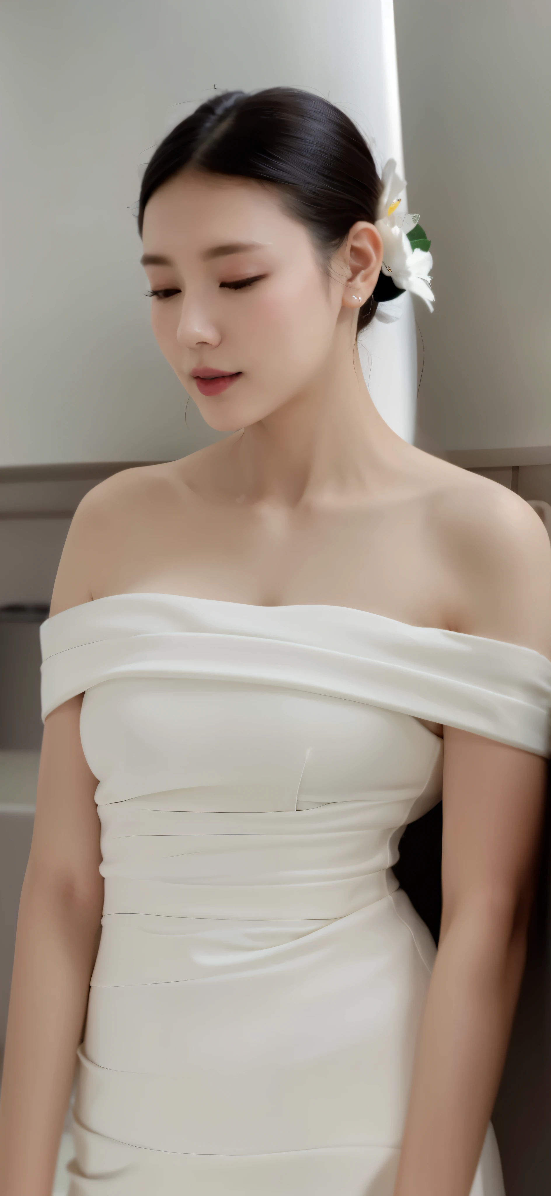 a close up of a woman in a white dress with a flower in her hair, a beautiful woman in white, beautiful south korean woman, gorgeous young korean woman, pale milky white porcelain skin, beautiful young korean woman, milky white skin, lovely woman, korean woman, in white clothes, stunning elegant pose, an asian woman, korean girl, elegant japanese woman