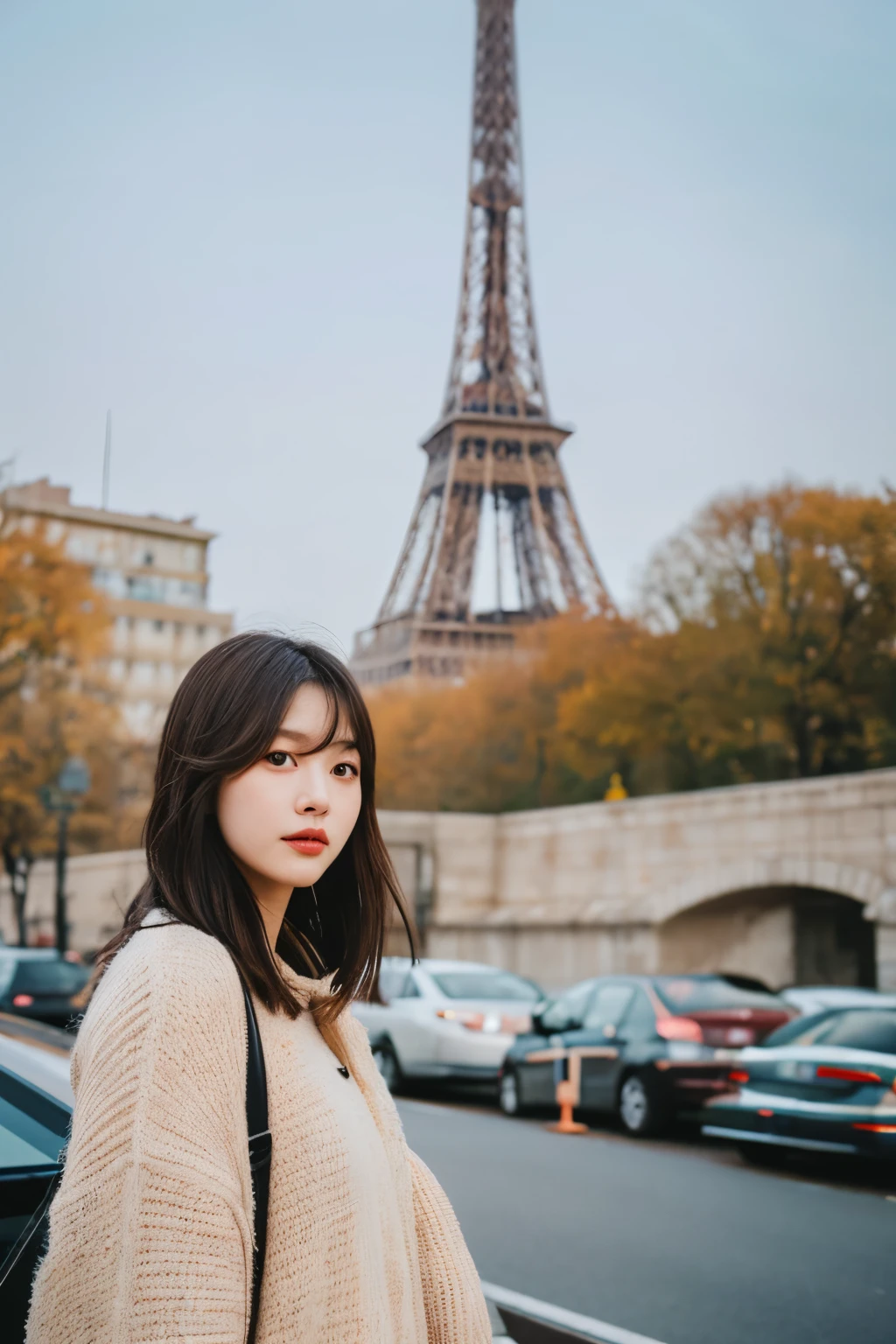 Cinematic Photo of a beautiful korean fashion model bokeh Eiffel Tower