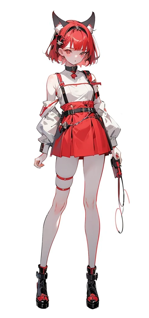 Anime girl with red hair and cat ears wearing a short skirt, Full body portrait of a short!, small curvy , outfit design, !!Full body portrait!!, Full body details, pale snow-white skin, whole body highly detailed, Full body illustration, female outfit, Full body adoptable, Full body!, Full body with costume, highly detailed Full body