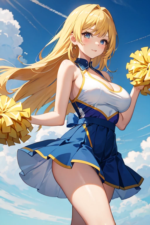 anime girl with blue dress and cheerleader holding up a pom pomrl, beautiful anime high school girl, pretty anime girl, cute anime girl, anime girl blonde Big breasts