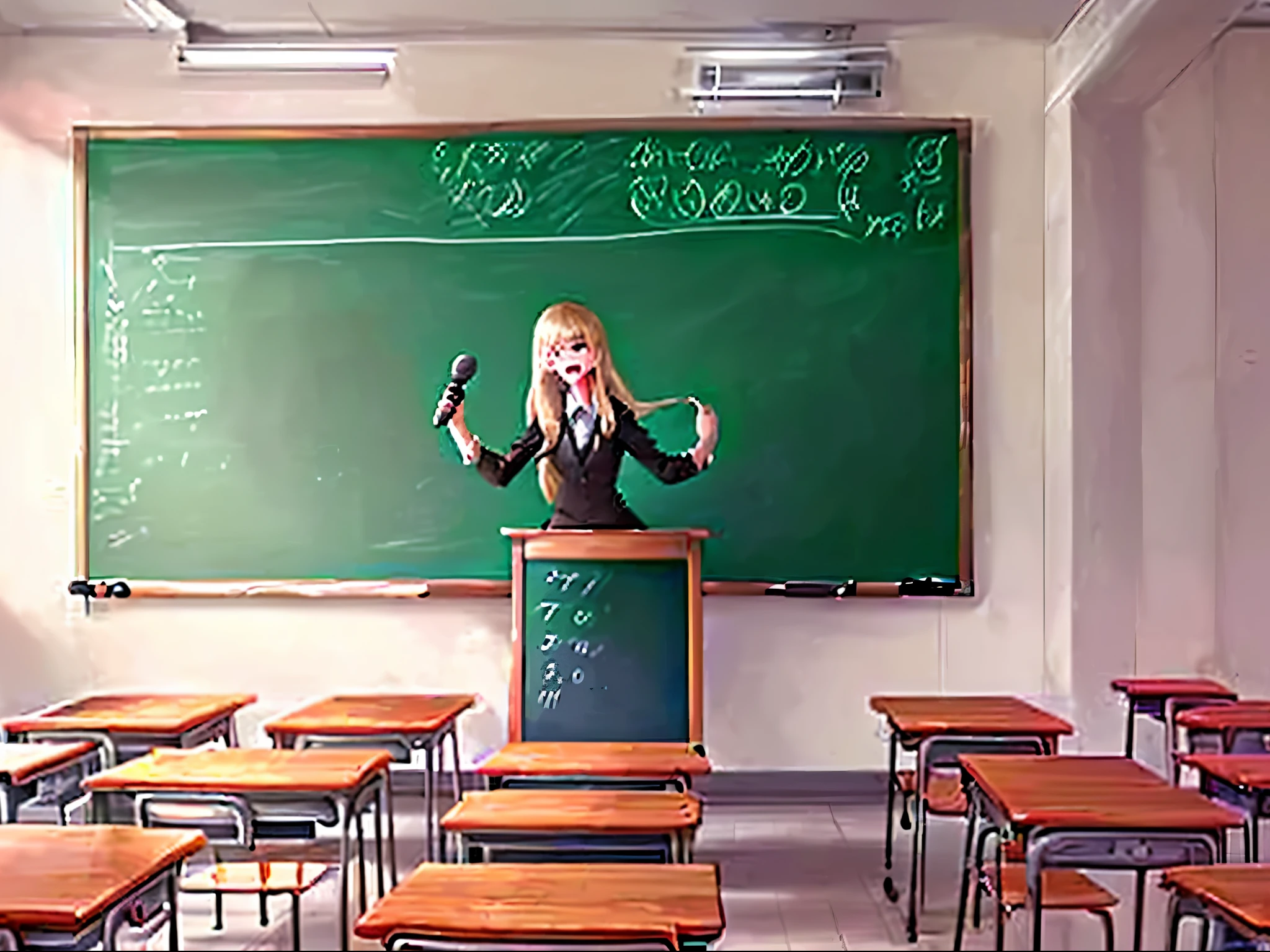 announcer desk, a heavy tall long wooden desk in front of a chalkboard, the desk is close to the chalkboard, and there are tables organised across the classroom, the desk has. a microphone on top of it