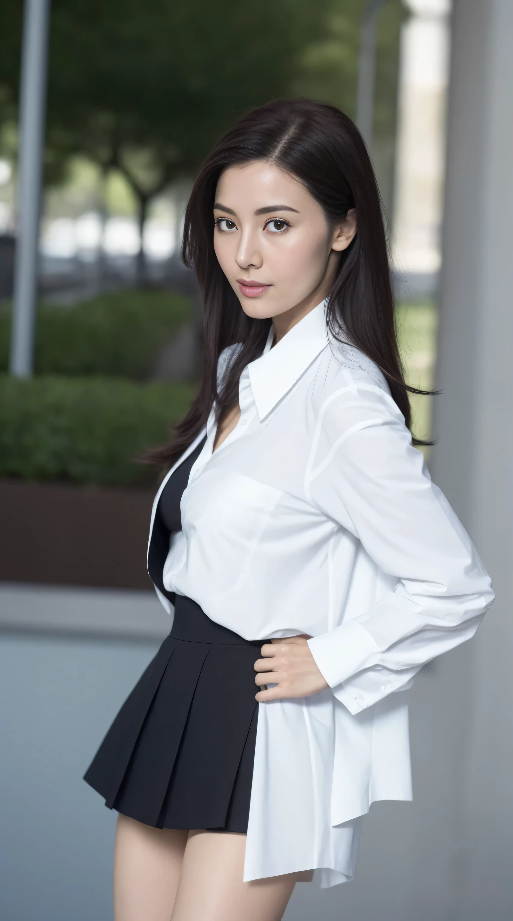 （（Best quality at best，8K，tmasterpiece：1.3）），Clear focus：1.2，one pretty woman，perfect body figure：1.4，Slim abs：1.2，（dark brown  hair，：1.2）），（White button-down long shirt：1.1），the city street：1.2，Highly Detailed Face and Skin Textur，fully body photo：1.4，詳細な目，二重まぶた，Huge big breasts(round form，Thoroughly exposed)，black micro skirt，black pantyhoses，high-heels。