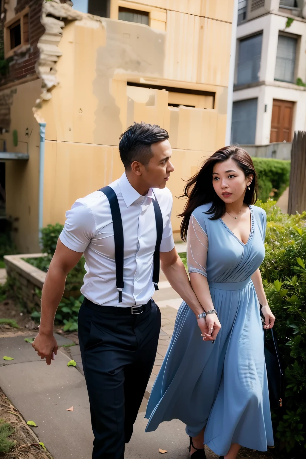 They were walking hand in hand as they fled through the ruins. Man and woman were walking together in suits.,