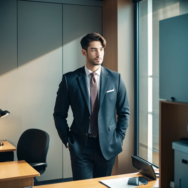 A business man in forties standing in office and loking forward to the camera
