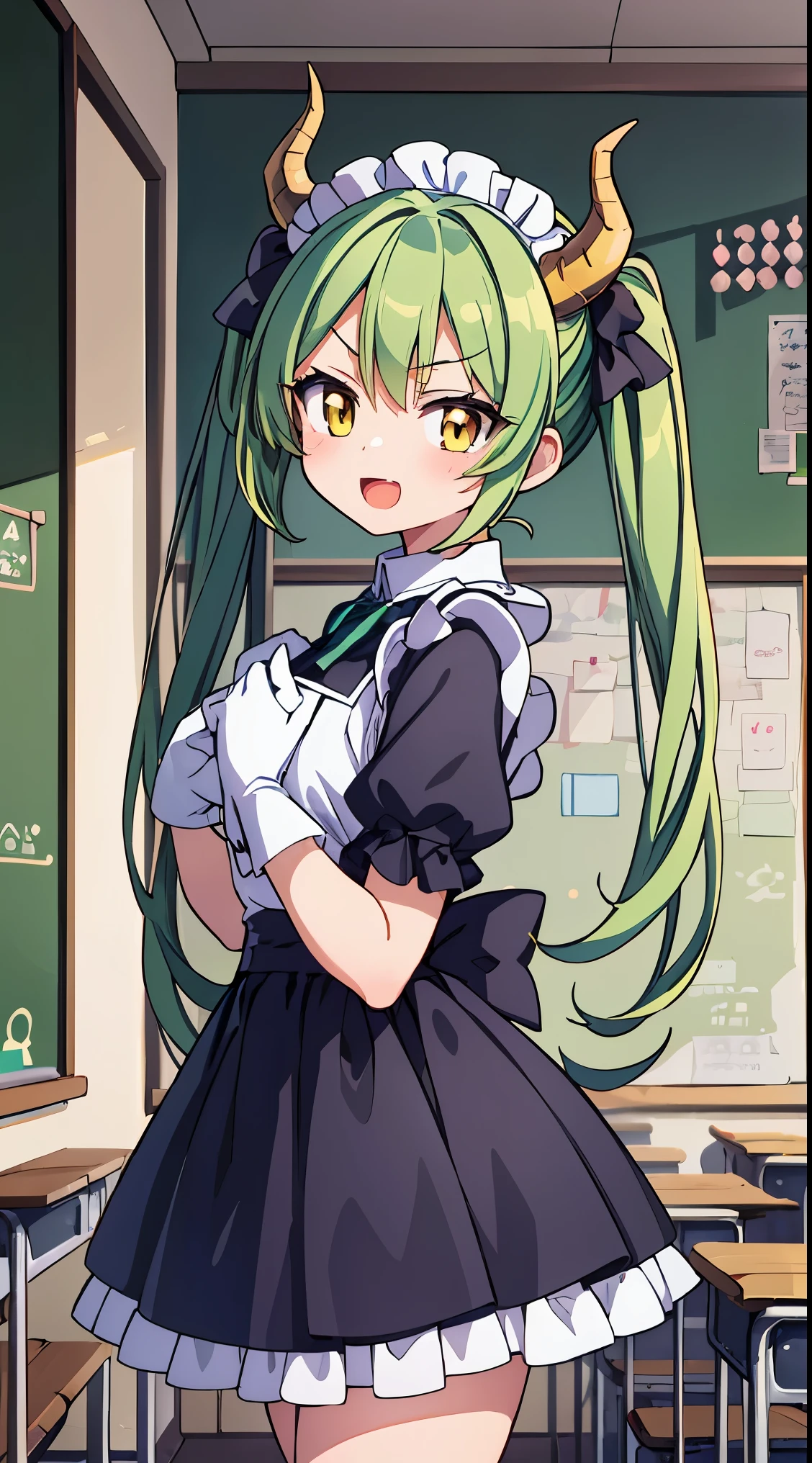 (masterpiece, top quality, best quality, official art, beautiful and aesthetic:1.2), ultra-detailed, intricate details, amazing illustration, award-winning art, atmospheric,
BREAK, 1 beautiful girl, (17 yrs old girl),Solo,(cute:1.5),(chibi:0.6),(kawaii:1.5),(loli:0.5),BREAK, :d, (twintail, green hair, horns, long hair:1.35), (yellow eyes, double, slanted eyes:1.45), blush, double teeth, ((D cup breasts))), heart, gaze, maid, /maid dragon/, dragon tail, (long eyelashes, double eyelids, fine eyebrows:1.2), solo, glowing skin, clear skin, beautiful skin, (top quality face), (top quality slanted eyes), maid outfit, gloves, open mouth, short sleeves, smile, white gloves,
BREAK,arms below breasts,
BREAK,(inside the house,schools,chalk board,Aligned desks and chairs,Classroom),(Cute illustration:1.2),(fuwafuwa illustration:1.2),(full body illustration,Since a while ago:1.25),
BREAK,wakame,wakame,wakame,(Cowboy Shot:1.4),
BREAK,(Blurry background:1.3),(absurderes, hight resolution, Super Detail Art),cel shading,Clear Color, Lonely optical effect, Beautiful pictures, Bright glow, mystic atmosphere,(Close-up of girl:1.1), Mystical light particle effect,manga influence, clean line drawings,