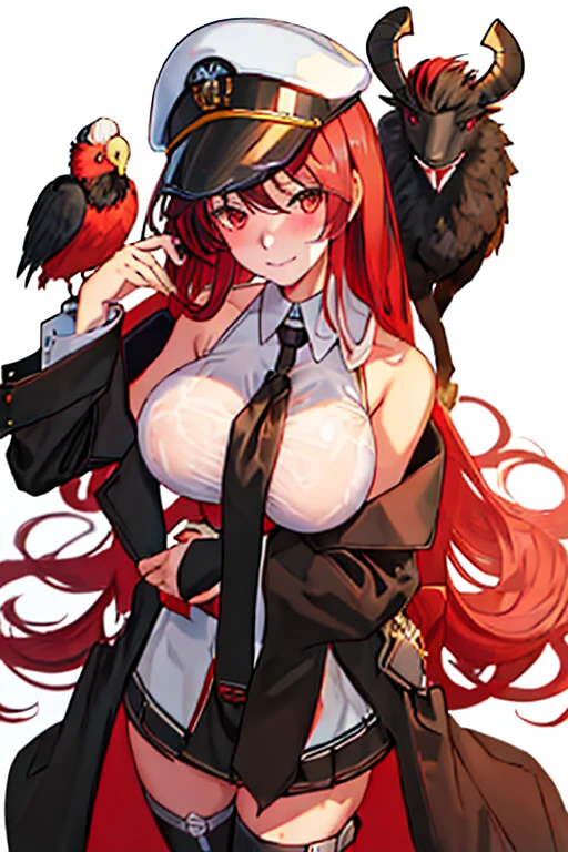 best quality, masterpiece, highres, solo, {hidenburg_azurlane:1.15}, long_hair, red eyes, red_hair, big breasts, Black curly ram horns, bangs, large_breasts, sleeveless, necktie, smile, peaked_cap, blush, very_long_hair, hair_between_eyes, 1girl, bare_shoulders, black_coat, coat, collared_shirt, open_clothes, shirt, sleeveless_shirt, white_shirt, closed_mouth, looking_at_viewer, _background, upper_body, off_shoulder, open_coat, Hell_background, angst look, horny, NSFW, getting fucked