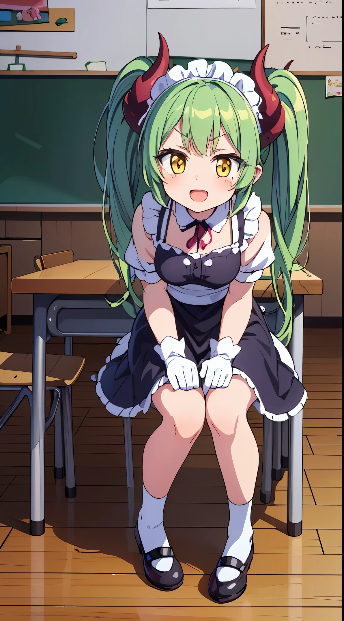 (masterpiece, top quality, best quality, official art, beautiful and aesthetic:1.2), ultra-detailed, intricate details, amazing illustration, award-winning art, atmospheric,
BREAK, 1 beautiful girl, (rs old girl),Solo,(cute:1.5),(chibi:0.6),(kawaii:1.5),(loli:0.5),BREAK, :d, (twintail, green hair, horns, long hair:1.35), (yellow eyes, double, slanted eyes:1.45), blush, double teeth, ((D cup breasts))), heart, gaze, maid, /maid dragon/, dragon tail, (long eyelashes, double eyelids, fine eyebrows:1.2), solo, glowing skin, clear skin, beautiful skin, (top quality face), (top quality slanted eyes), maid outfit, gloves, open mouth, short sleeves, smile, white gloves,
BREAK,arms below breasts,
BREAK,(inside the house,schools,chalk board,Aligned desks and chairs,Classroom),(Cute illustration:1.2),(fuwafuwa illustration:1.2),(full body illustration,Since a while ago:1.25),
BREAK,wakame,wakame,wakame,(Cowboy Shot:1.4),
BREAK,(Blurry background:1.3),(absurderes, hight resolution, Super Detail Art),cel shading,Clear Color, Lonely optical effect, Beautiful pictures, Bright glow, mystic atmosphere,(Close-up of girl:1.1), Mystical light particle effect,manga influence, clean line drawings,