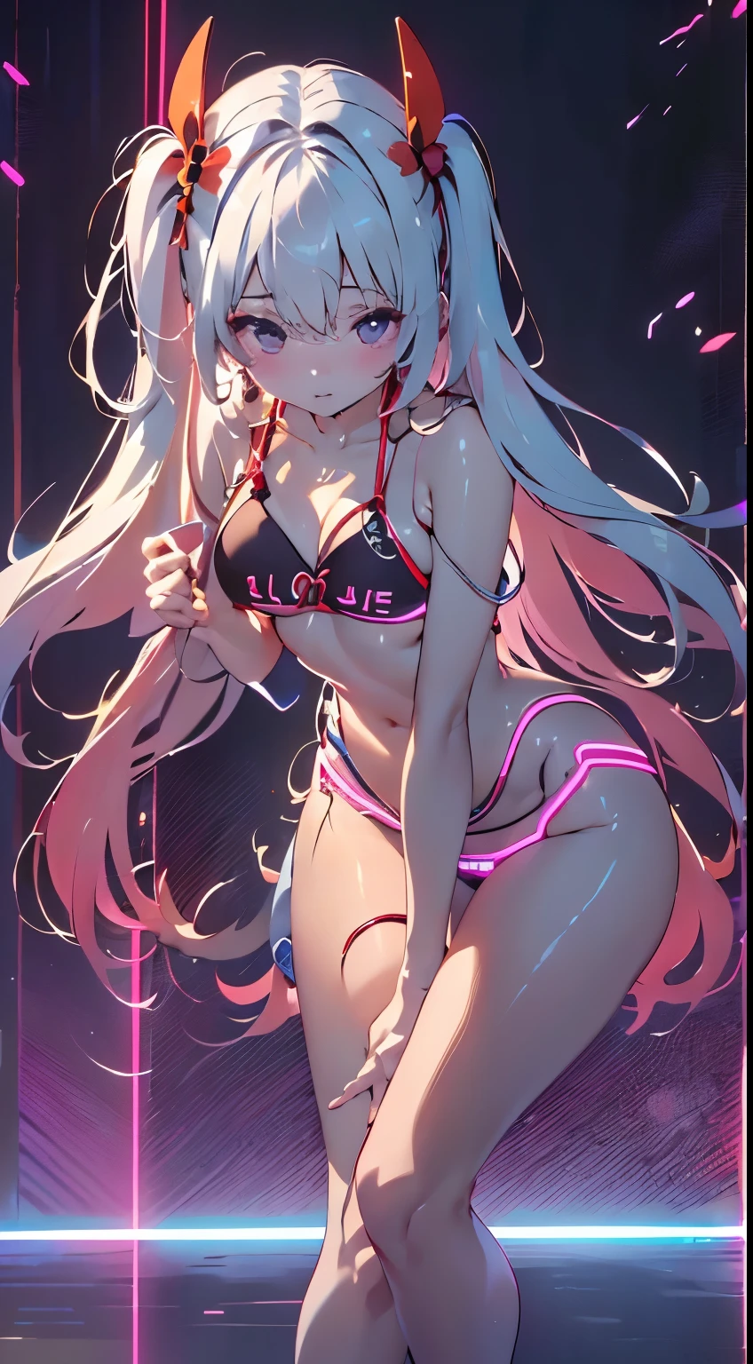 Female Solo、The long-haired、The bikini、gently、Red Lipstick、Looking at the camera、Eyes are pink、biting his lip、cleavage of the breast、small tits、Small hair ornament、(((Neon feeling、neon laser、Full body pure white)))、top-quality、ultra-detailliert、hight resolution、masuter piece:1.3、８ｋ