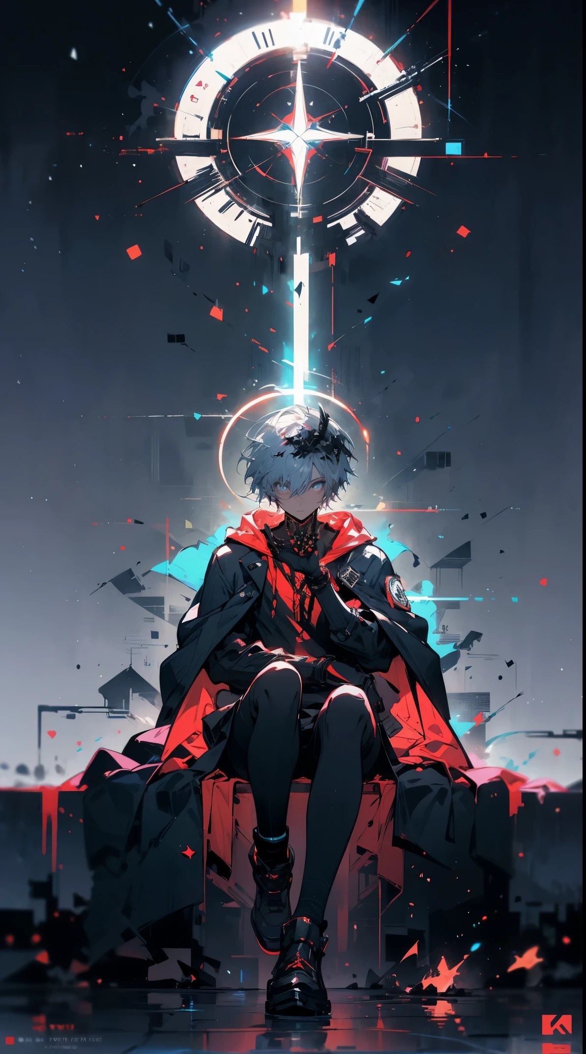 masterpiece,best quality,1boy,male focus,solo,full body,white hair,having a red halo over his head(hooded_cloak:1.1), inside a messy room, sitting in an open window, looking outside, long shot, far away, digital cyberpunk anime art, badass anime 8 k, Anime style 4 K, Anime art wallpaper 8 K, digitl cyberpunk - anime art, anime wallpaper 4k, Anime wallpapers 4 k, anime art wallpaper 4k, Anime art wallpaper 4 K, 4k anime wallpaper,In flames