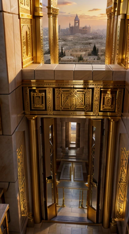 the third temple, ancient Jerusalem, holly, biblical structure, huge sandstone pillars and walls, tall golden structure with iron dome, biblical temple, golden ornaments, iron and silver windows, huge silver gates, sunset, glowing white gold walls, view from lower angle, view from outside in the air, of the whole huge biblical tremendous temple