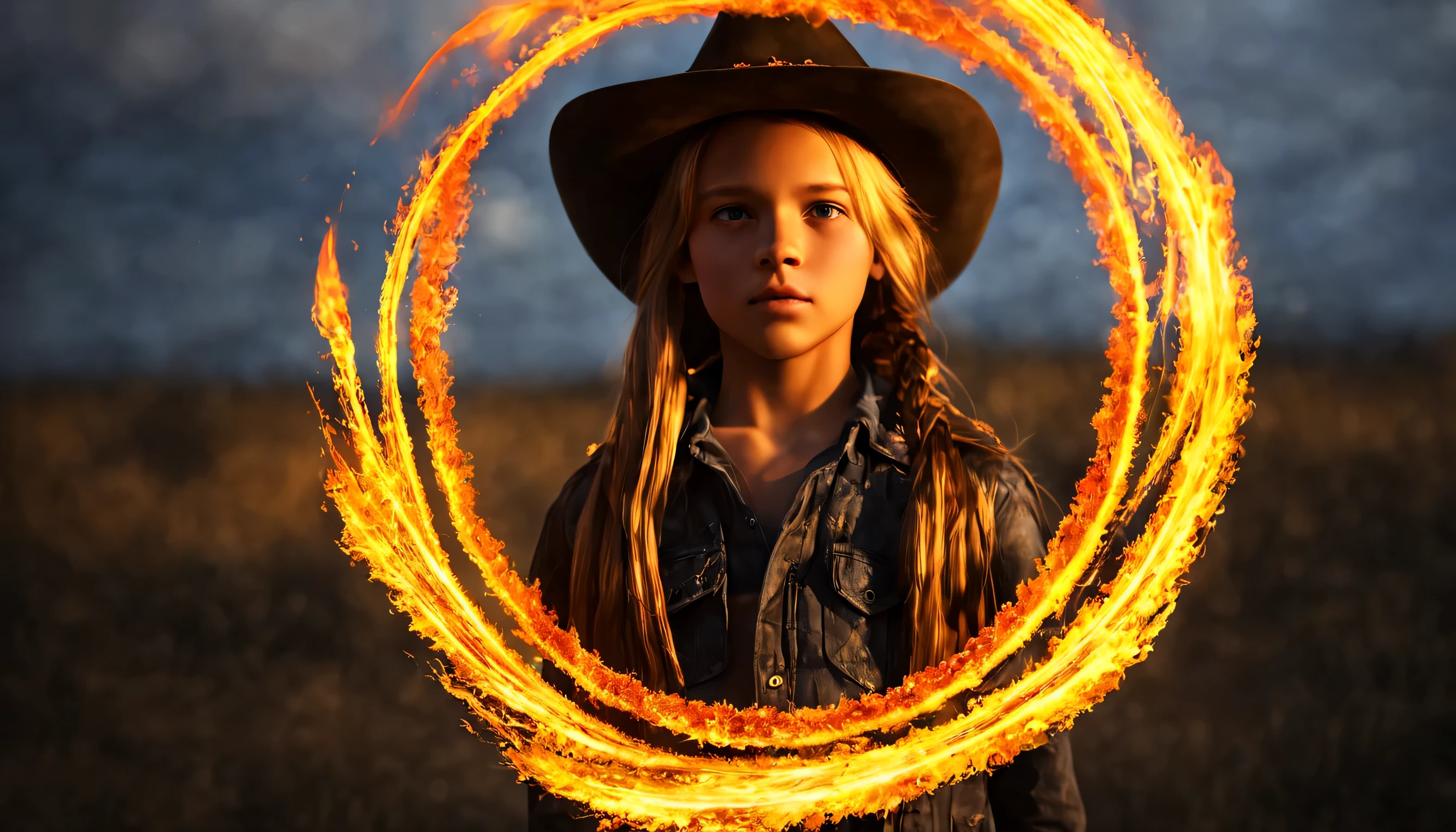 10 year old girl russian child, fechar para cima, retrato, com longos cabelos loiros, in a cowboy hat, The flames are burning in a circle shape, fogoso, icon with a halo of fire, Anel de fogo, bola de fogo, chama, um fogo laranja no fundo, homem, fire type, (fire), esfera preta de fogo, Firenado, Infero Flamejante, Inferno, tema fogo, fire, fogo do inferno, infernal, chamajante, derretido imagem arfed de uma bola de vidro com uma paisagem dentro, Arte 3D digital detalhada, tree of life inside the ball, Arte digital altamente detalhada em 4k, arte digital altamente detalhada, arte digital estilizada, pintura digital altamente detalhada, bola de vidro, pintura digital altamente detalhada, arte digital altamente detalhada, 3 d render bipe, 8k arte impressionante
