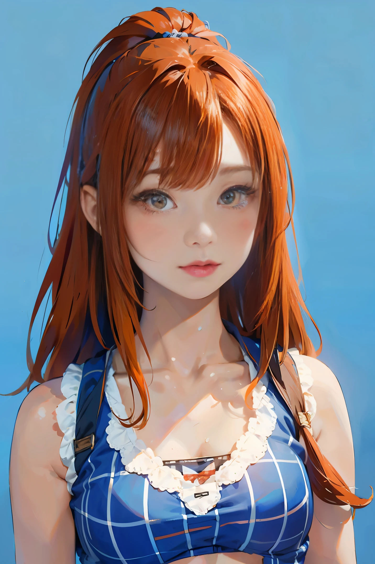 The upper part of the body、an oil painting、masterpiece、Ink painting style、top-quality、hight resolution、Orange long hair、Orange long hair、Naughty look、(((White and blue plaid bra)))、(((White and blue gingham plaid)))、The upper part of the body、Female face、Embarrassed face、sweat-wet skin、The background is all white、side poneyTail、((Side tail hair))、Arms folded in front of the chest、I'm embarrassed