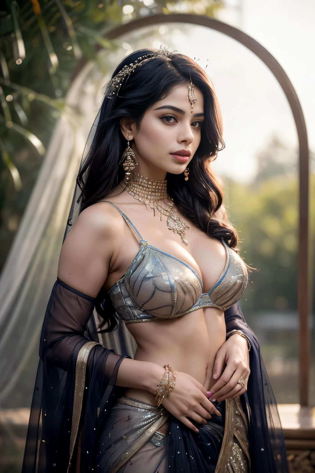 (((Stunningly Beautiful persian Princesss ))), elegant blue black updo hair, Janhvi Kapoor, Laetitia Casta, sweet smile, Beautiful bride posing under a fairy tale arch of exotic magical flowers, looking back,elaborate scene style, crystal glass lattice, glitter, transparent embroidered lace, realistic style, 8k,exposure blend, medium shot, bokeh, (hdr:1.4), (cinematic), ( dark tones:1.3), (hyperdetailed:1.2),Realism,1 girl,girl wearing indian saree(dressed in transparent saree)(wearing glitter graphics jewelry), medium  boobs ,Sexy medium Breast,nipple,bright light ,long_hair, Bokeh ,nsfw , indian ,tree branch, colourfull ,undersized bra,princess dress,lehenga choli