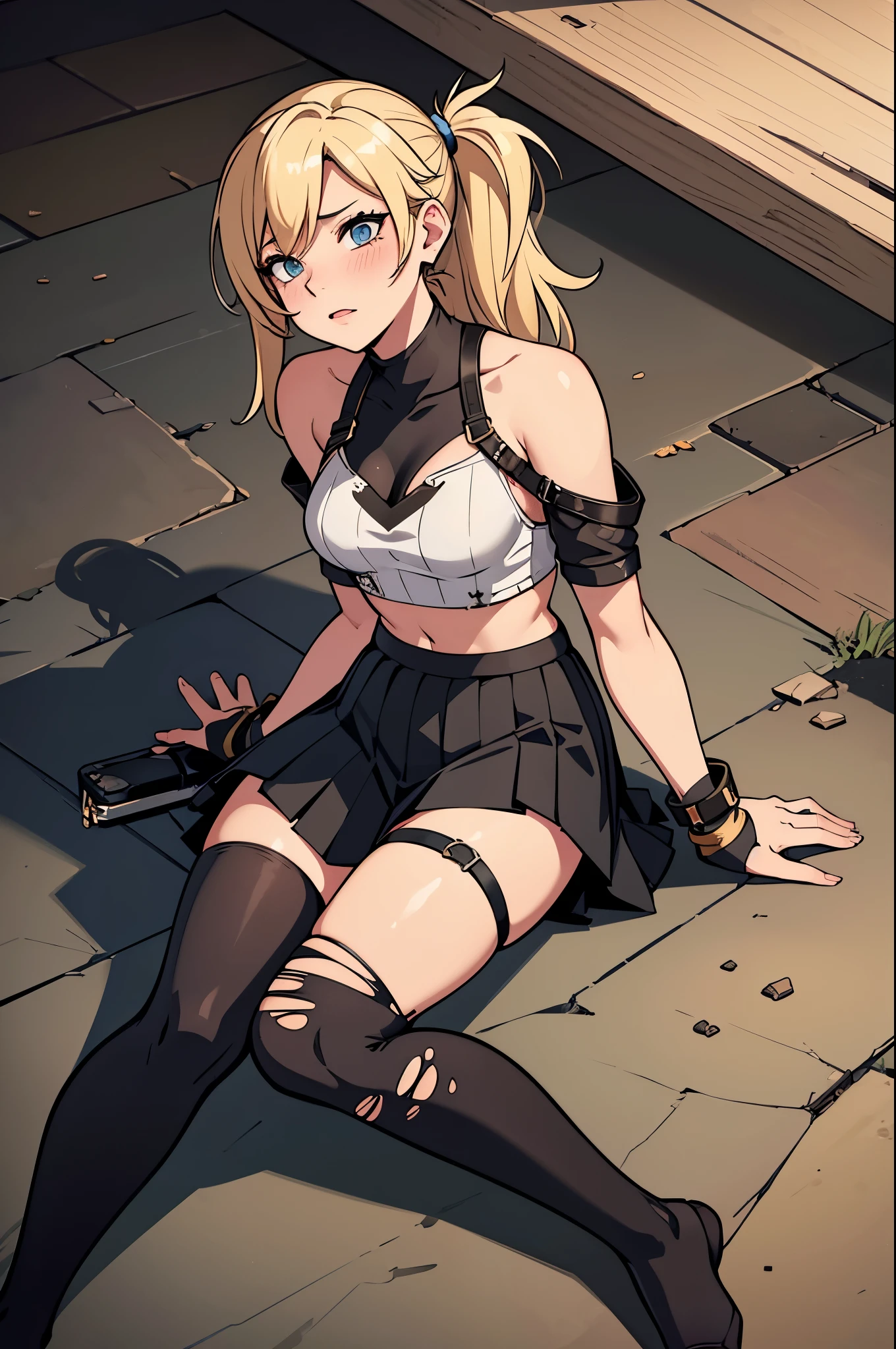 1woman, blonde hair, overwatch 2 mercy face, hair covering right eye, blushing, ripped up spaggethi strap crop top, pleated black ripped skirt, detaily ripped off black tigh-highs, her thigh-highs being shrdedded, getting her clothes ripped to shreds, all destroyed and ripped off clothing, no shoes, laying on back in fetel postition, scracthed and bruised and bleeding, dungeon background, low health points, ryona, beat up girl, near death, from above